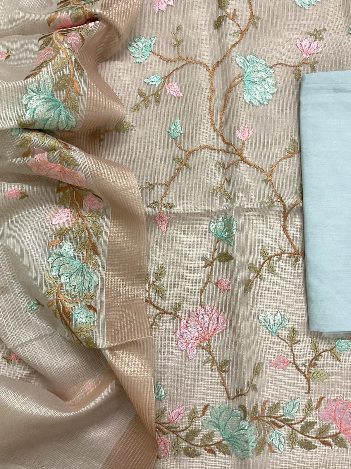 Soft Tissue Kota Silk Embroidered Suit - Blue