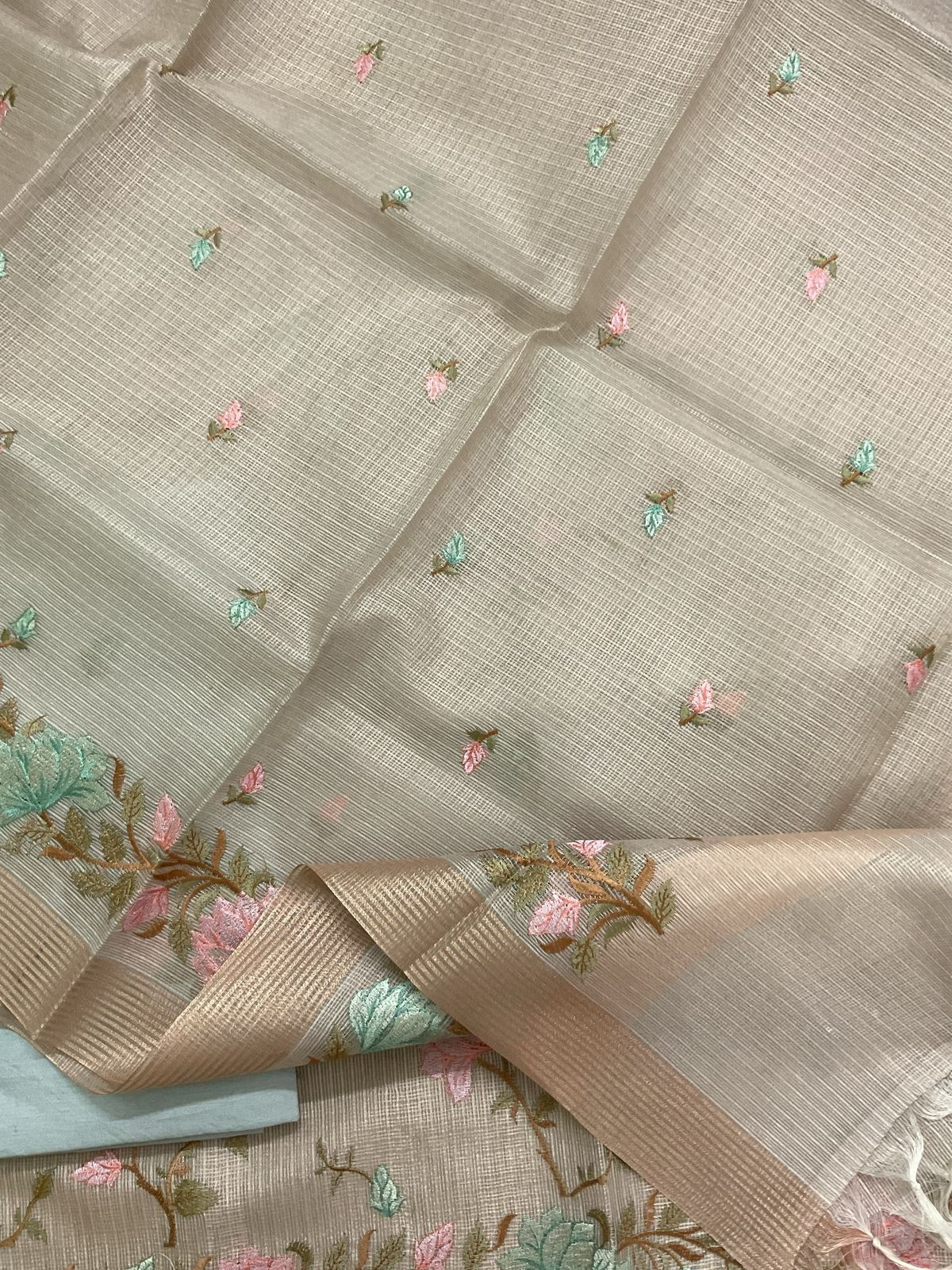 Soft Tissue Kota Silk Embroidered Suit - Blue