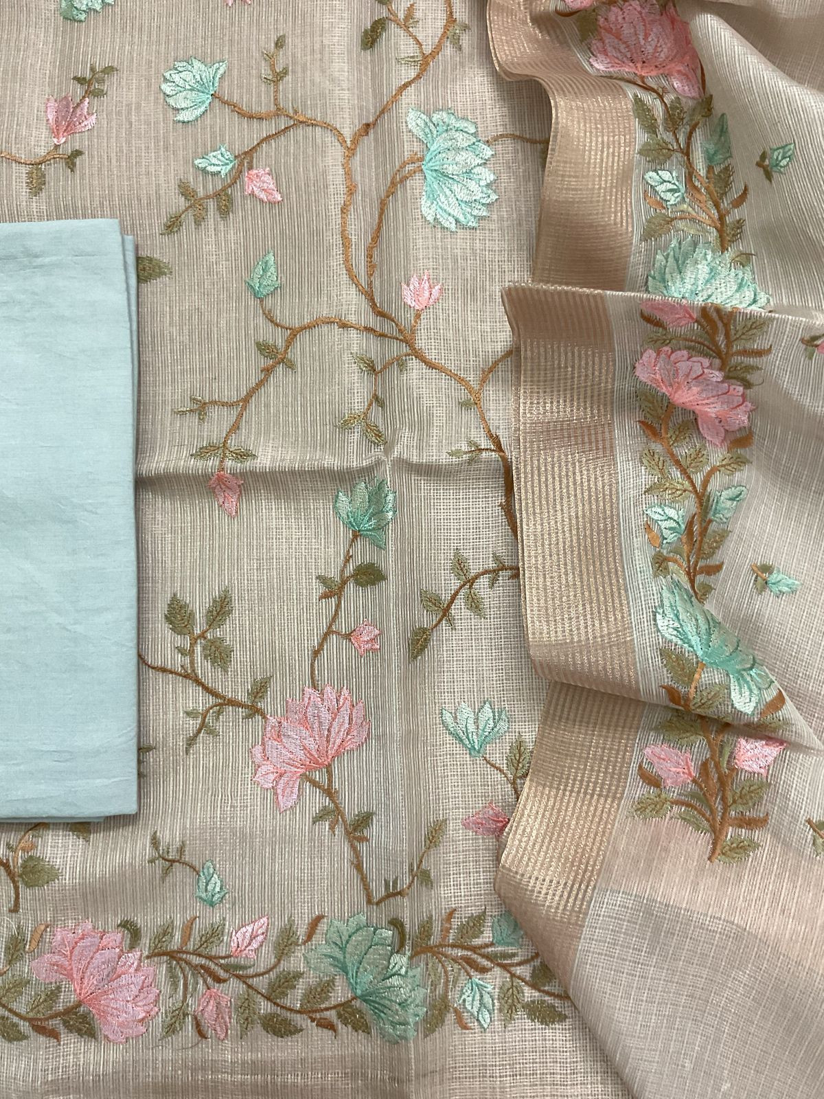 Soft Tissue Kota Silk Embroidered Suit - Blue