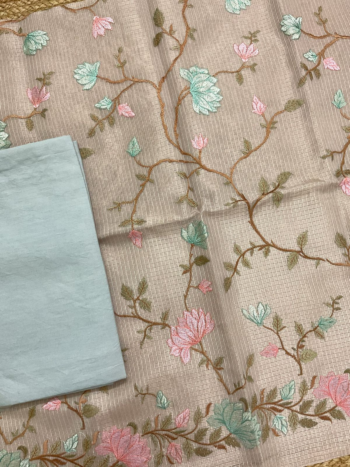 Soft Tissue Kota Silk Embroidered Suit - Blue