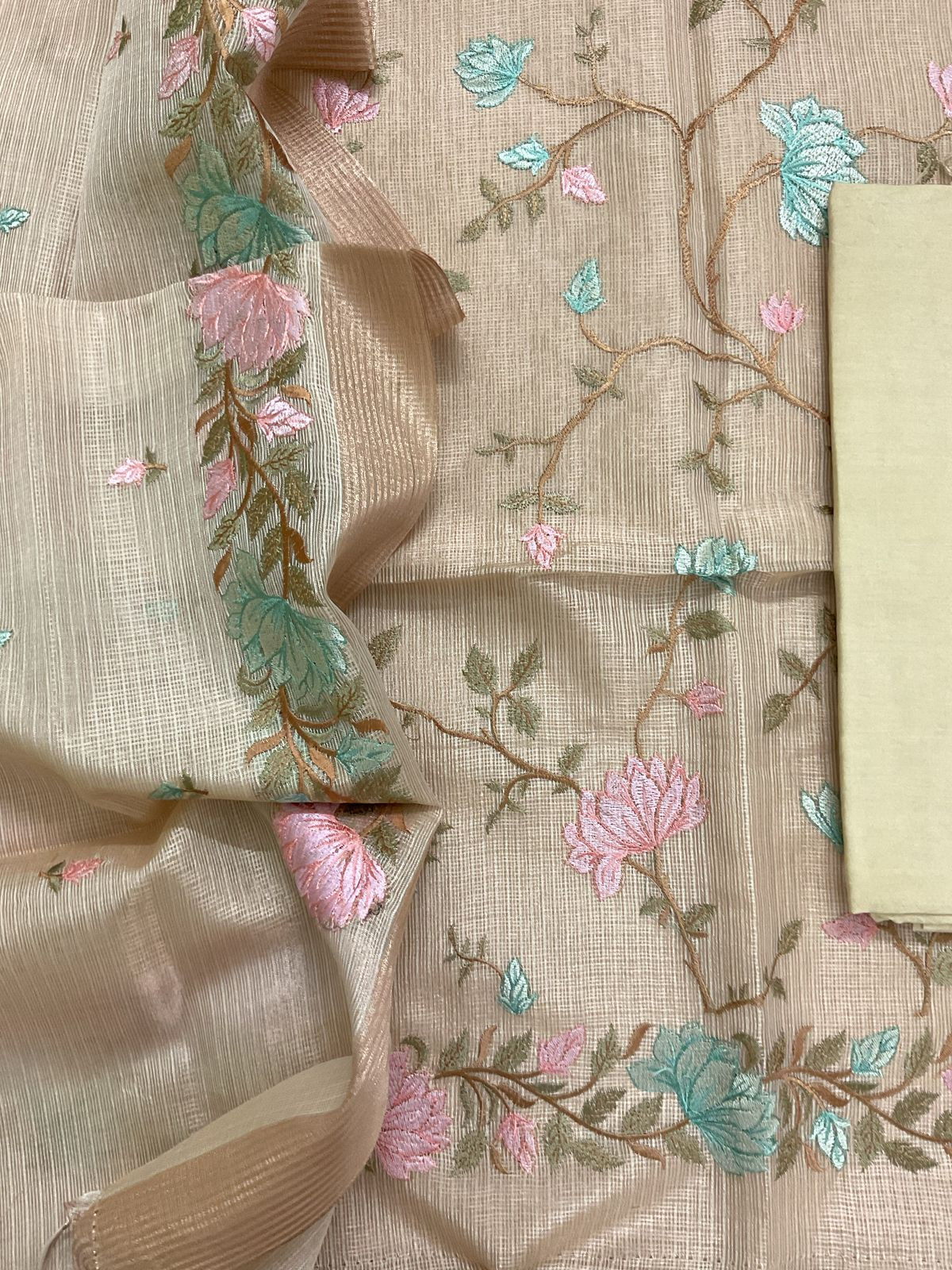 Soft Tissue Kota Silk Embroidered Suit - Beige