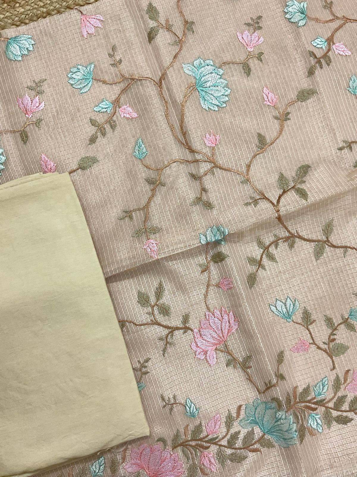 Soft Tissue Kota Silk Embroidered Suit - Beige