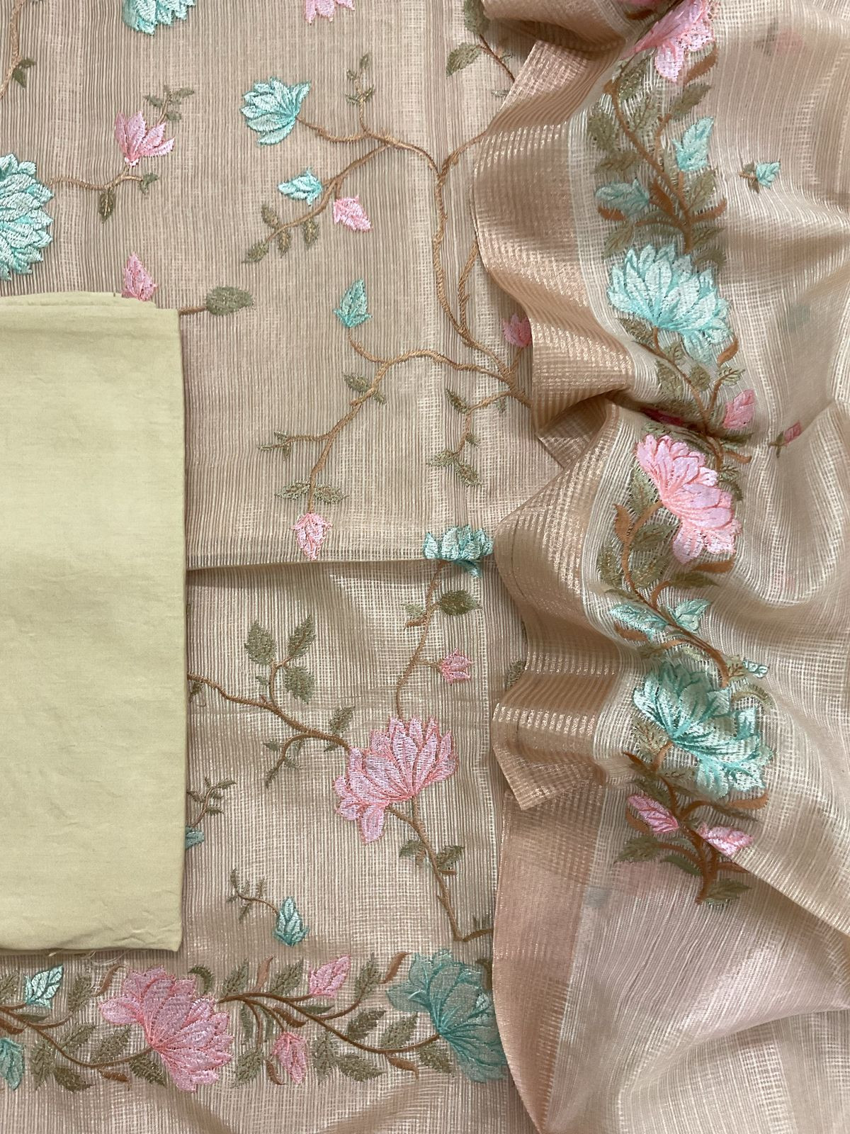 Soft Tissue Kota Silk Embroidered Suit - Beige