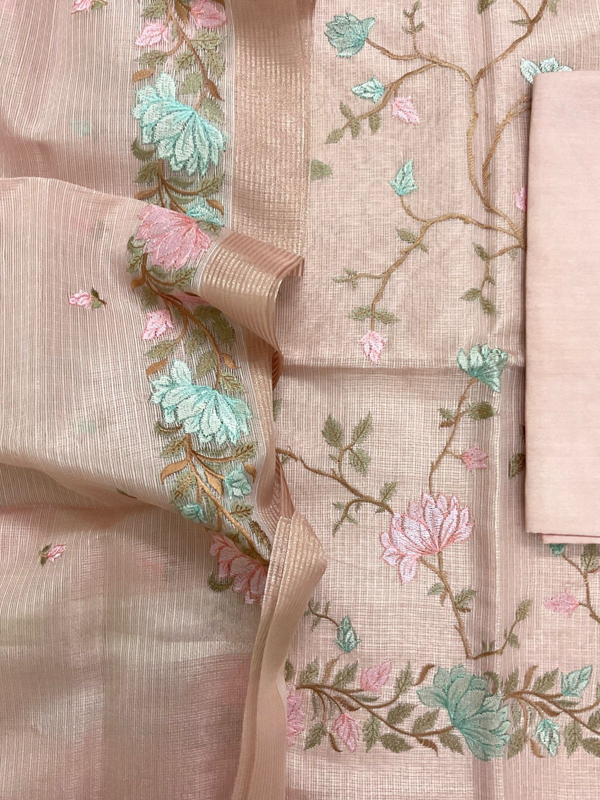 Soft Tissue Kota Silk Embroidered Suit - Peach