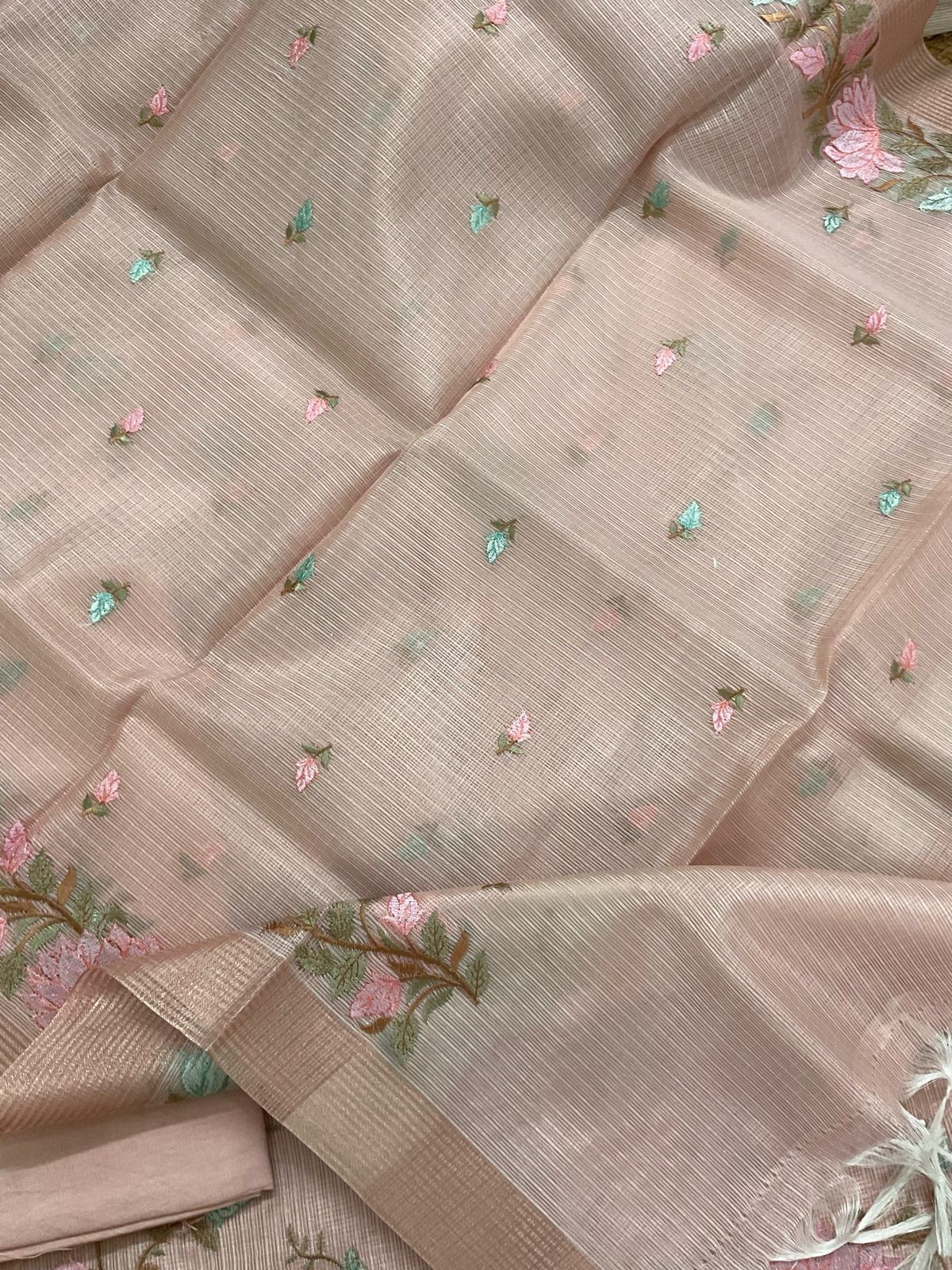 Soft Tissue Kota Silk Embroidered Suit - Peach