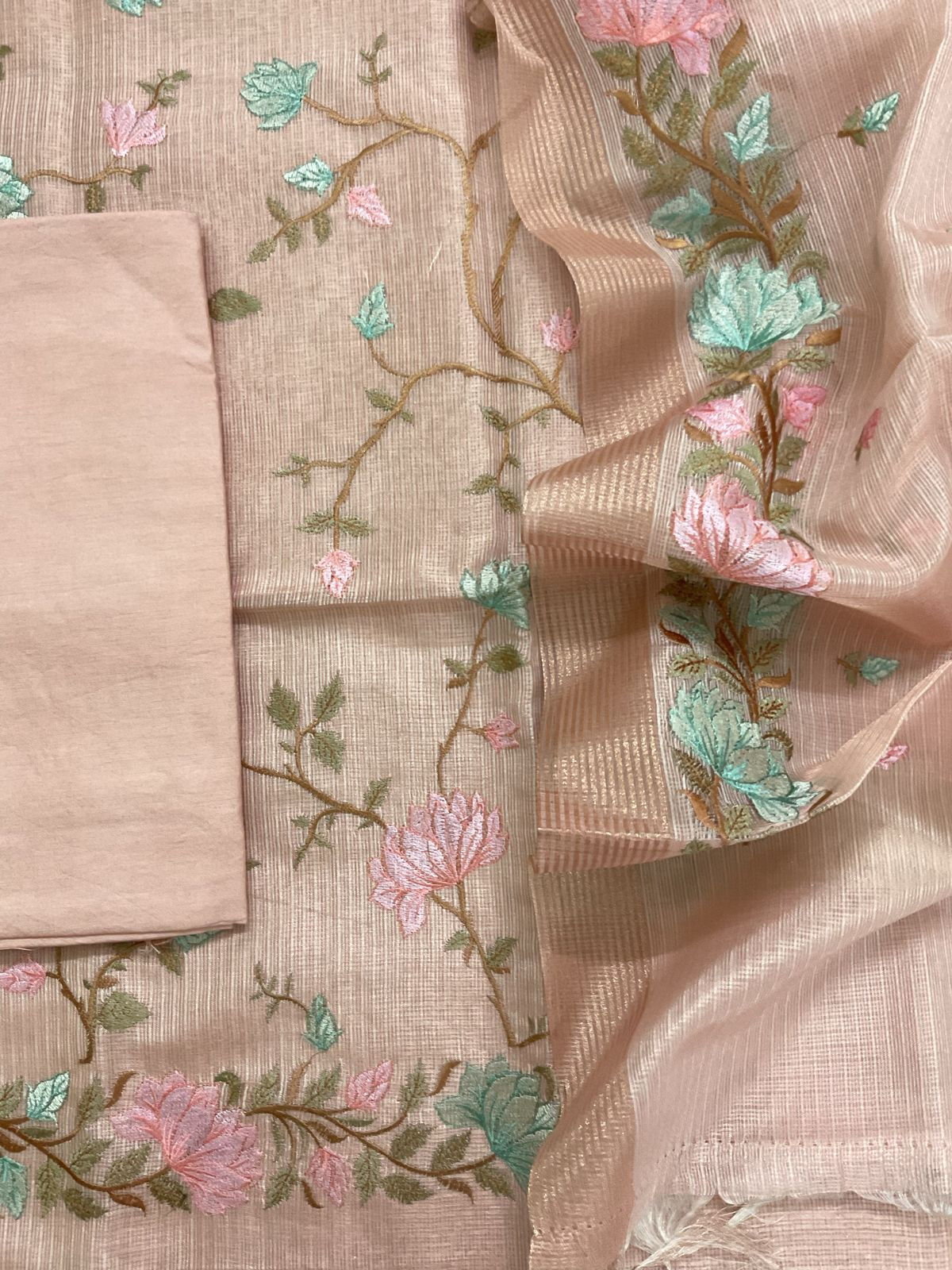 Soft Tissue Kota Silk Embroidered Suit - Peach