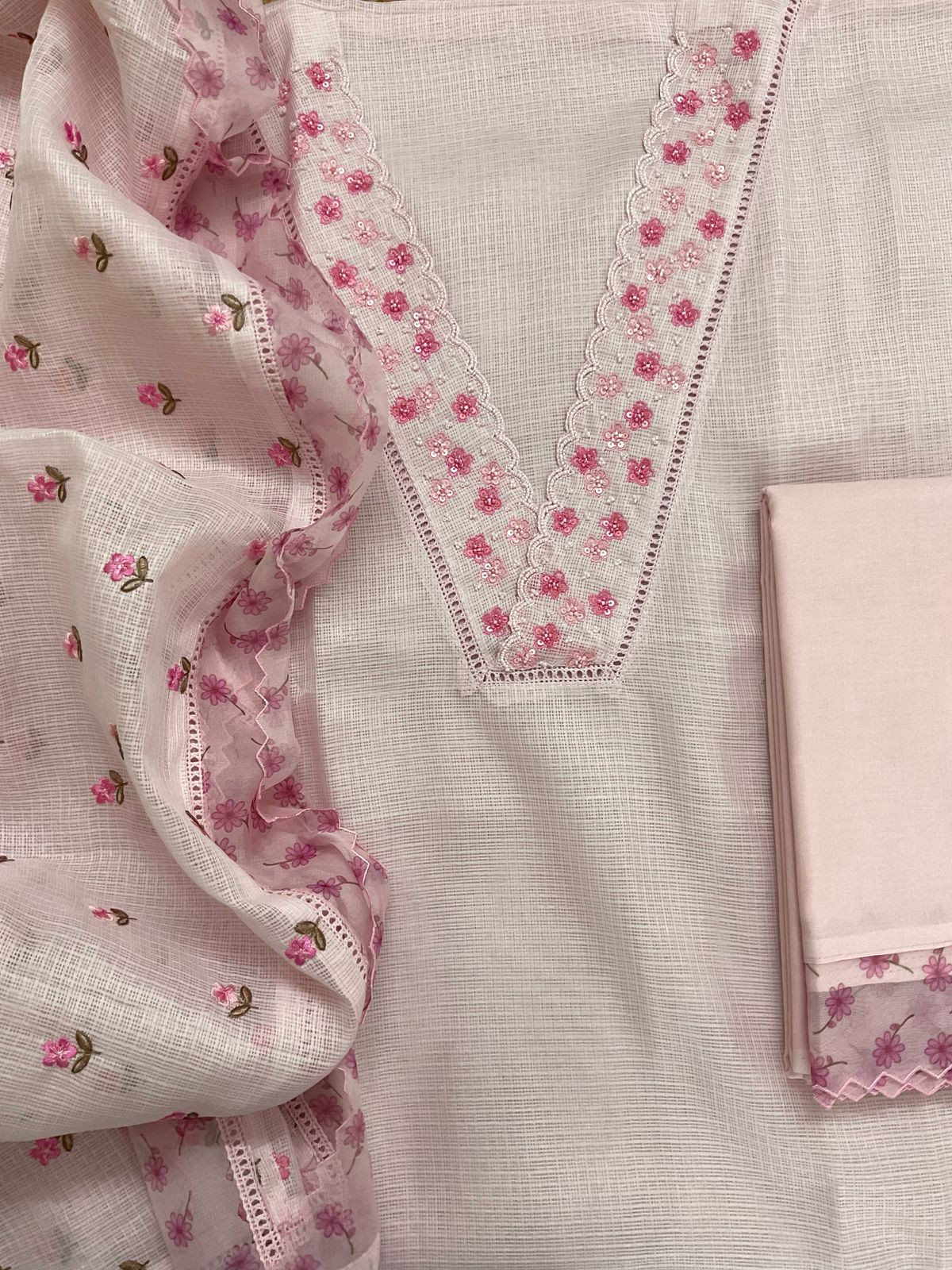 Soft Kota Silk Embroidered Suit - Pink