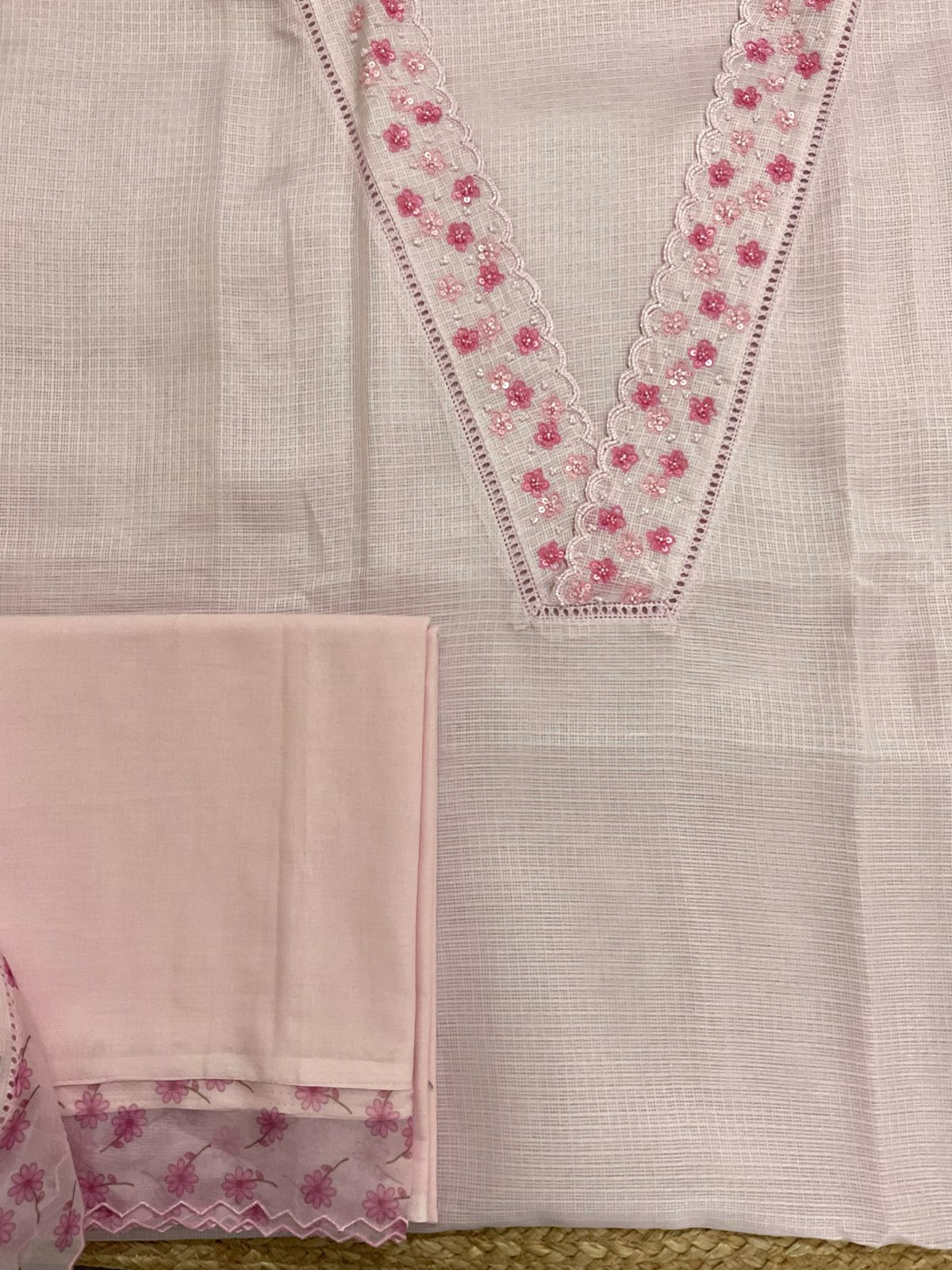 Soft Kota Silk Embroidered Suit - Pink