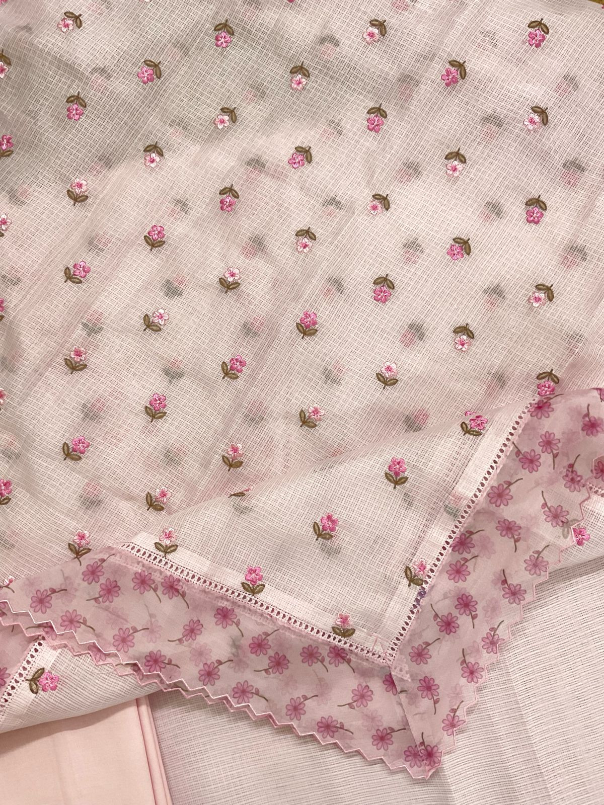 Soft Kota Silk Embroidered Suit - Pink