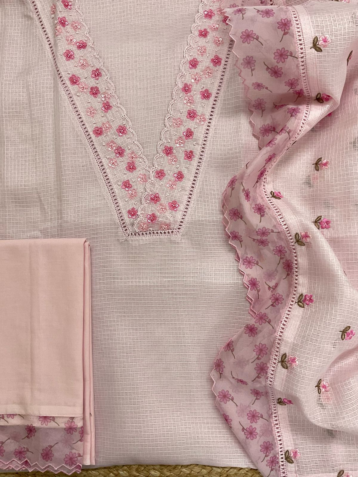 Soft Kota Silk Embroidered Suit - Pink