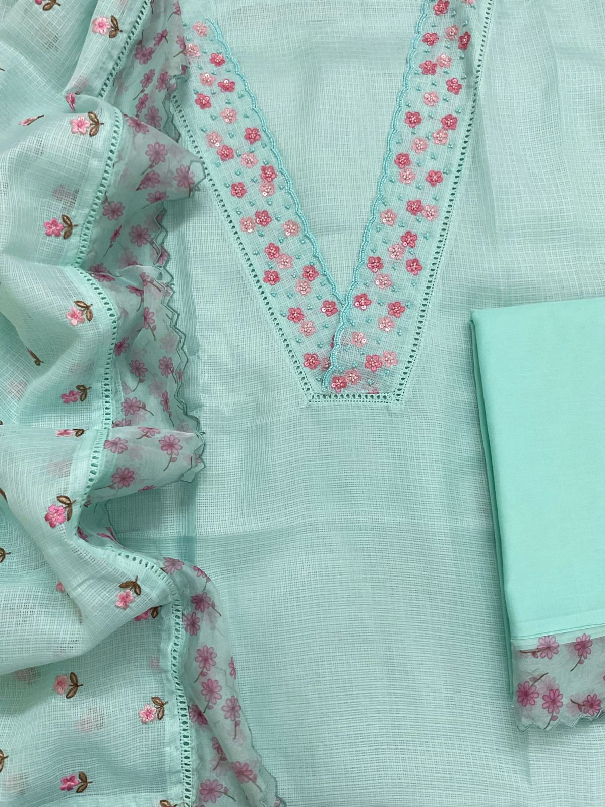 Soft Kota Silk Embroidered Suit - Blue