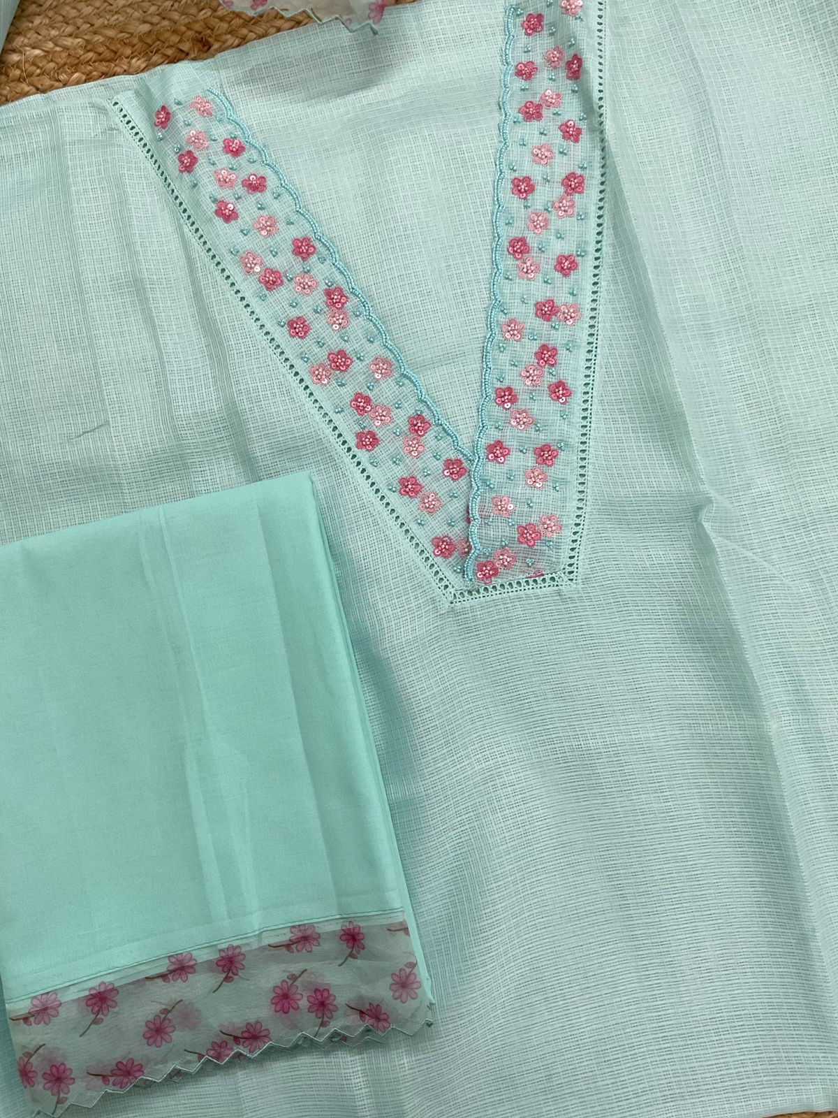 Soft Kota Silk Embroidered Suit - Blue