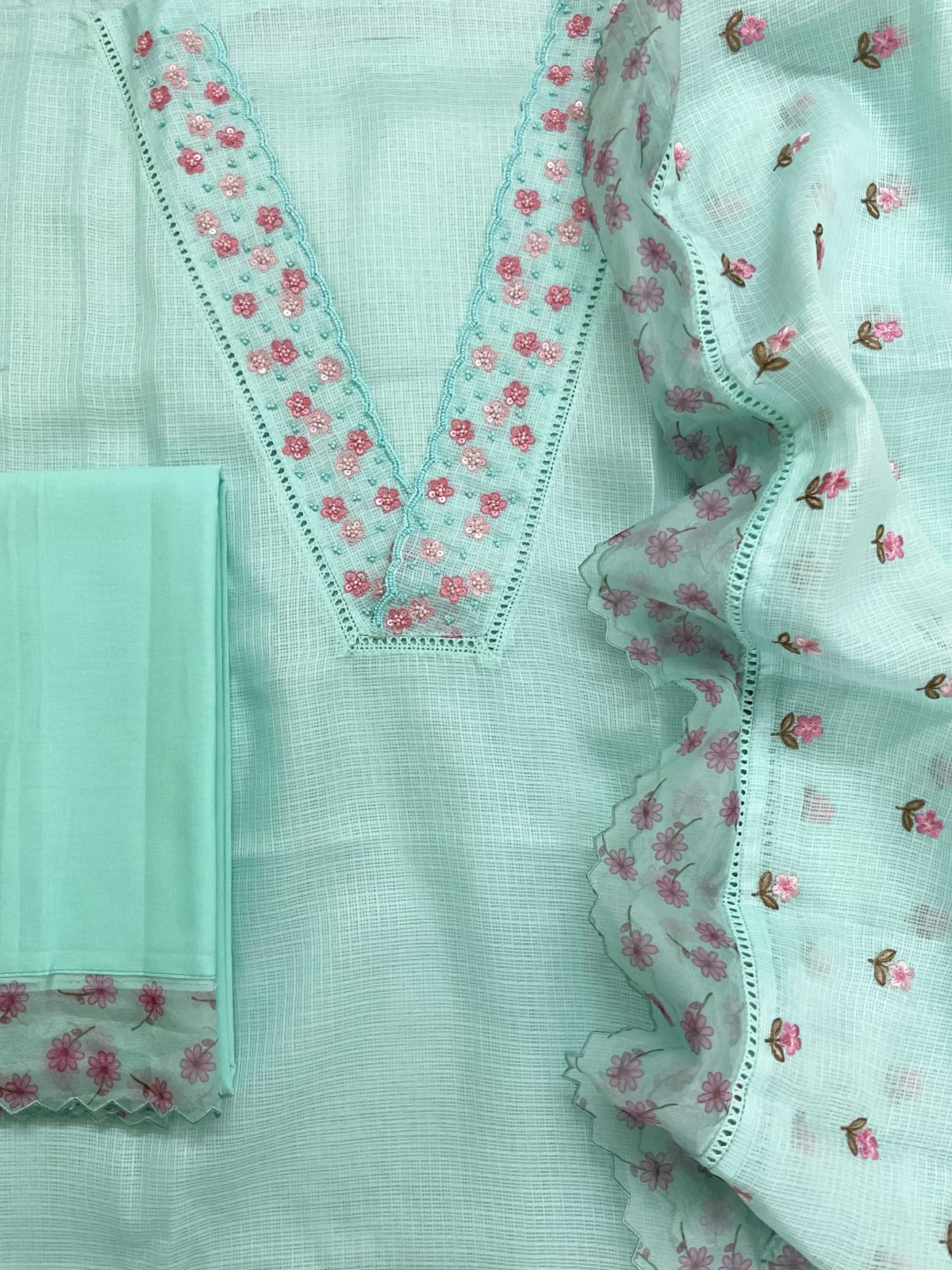 Soft Kota Silk Embroidered Suit - Blue