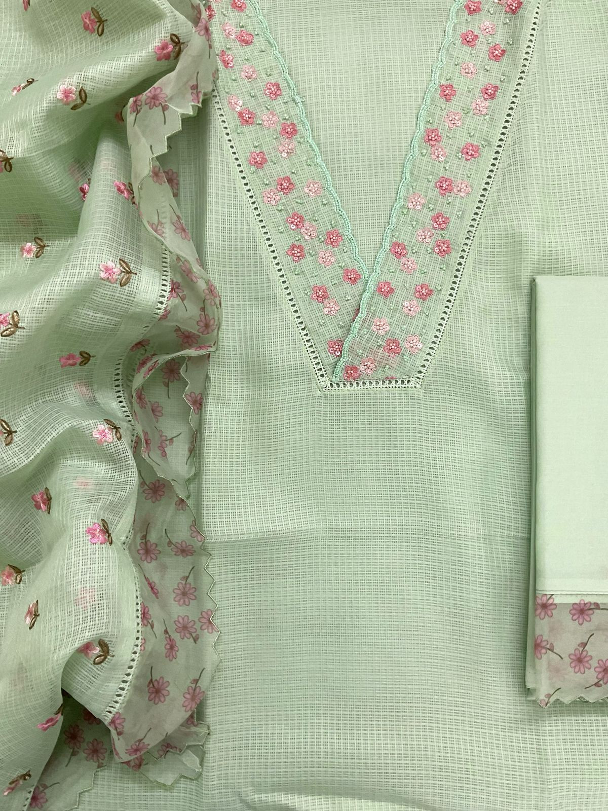 Soft Kota Silk Embroidered Suit - Green