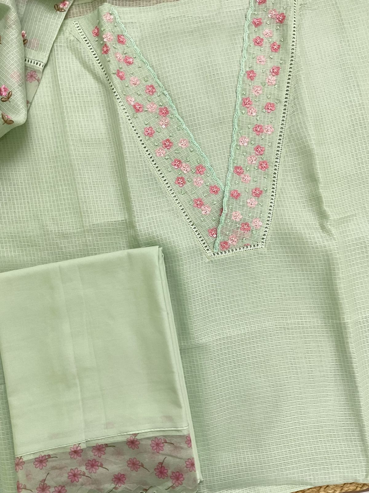 Soft Kota Silk Embroidered Suit - Green