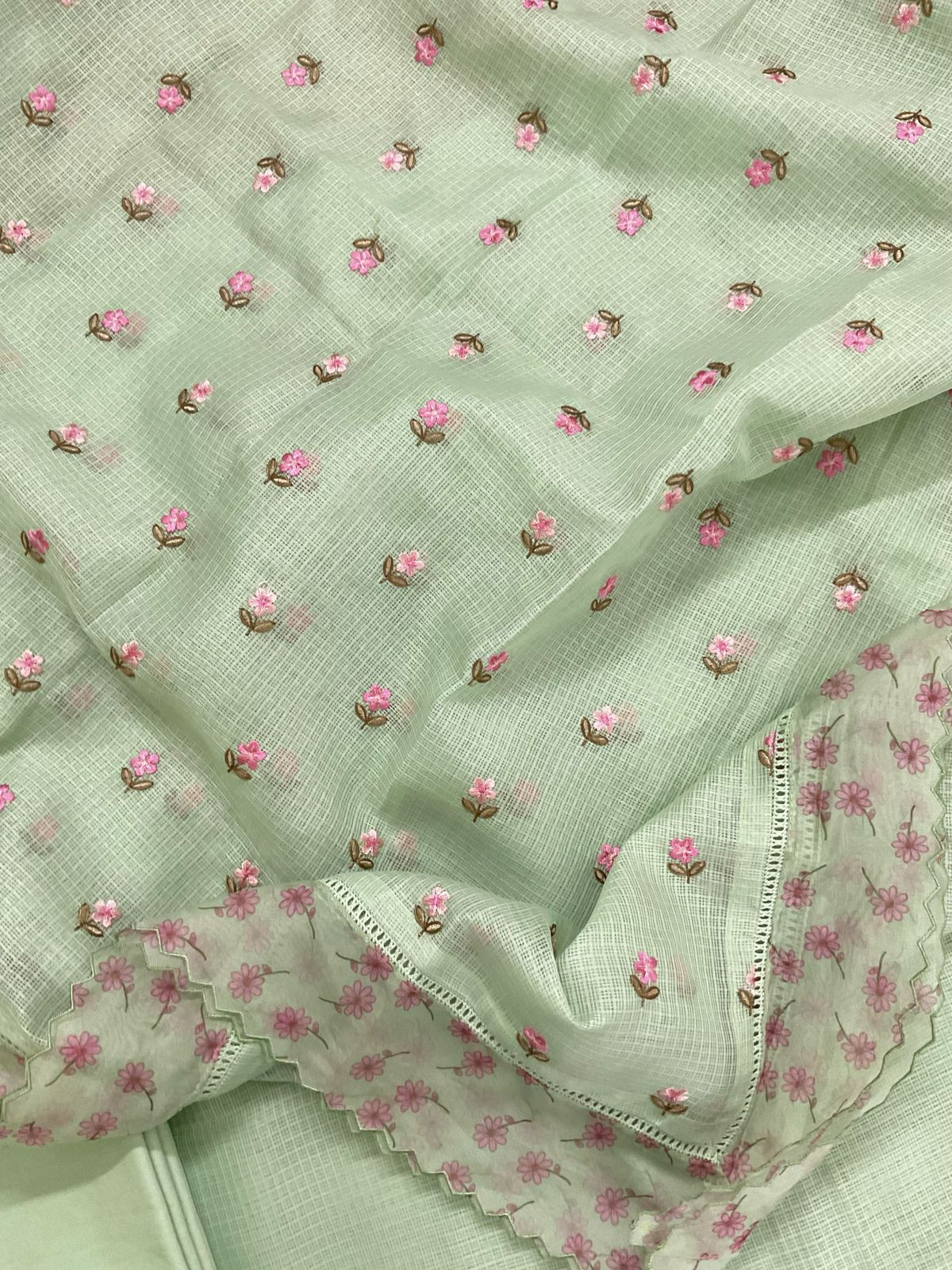 Soft Kota Silk Embroidered Suit - Green