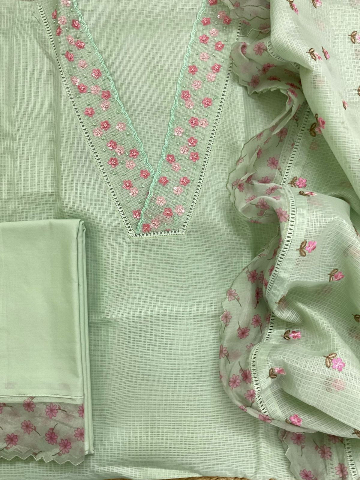 Soft Kota Silk Embroidered Suit - Green