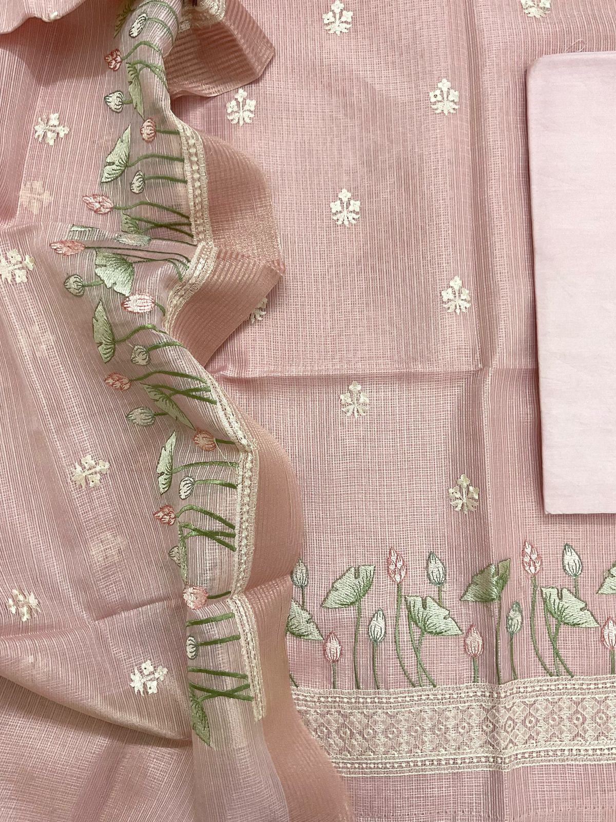 Soft Tissue Kota Silk Embroidered Suit - Pink