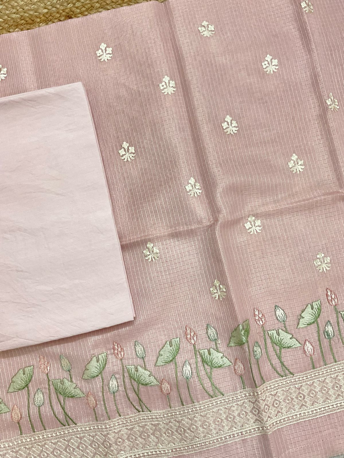 Soft Tissue Kota Silk Embroidered Suit - Pink