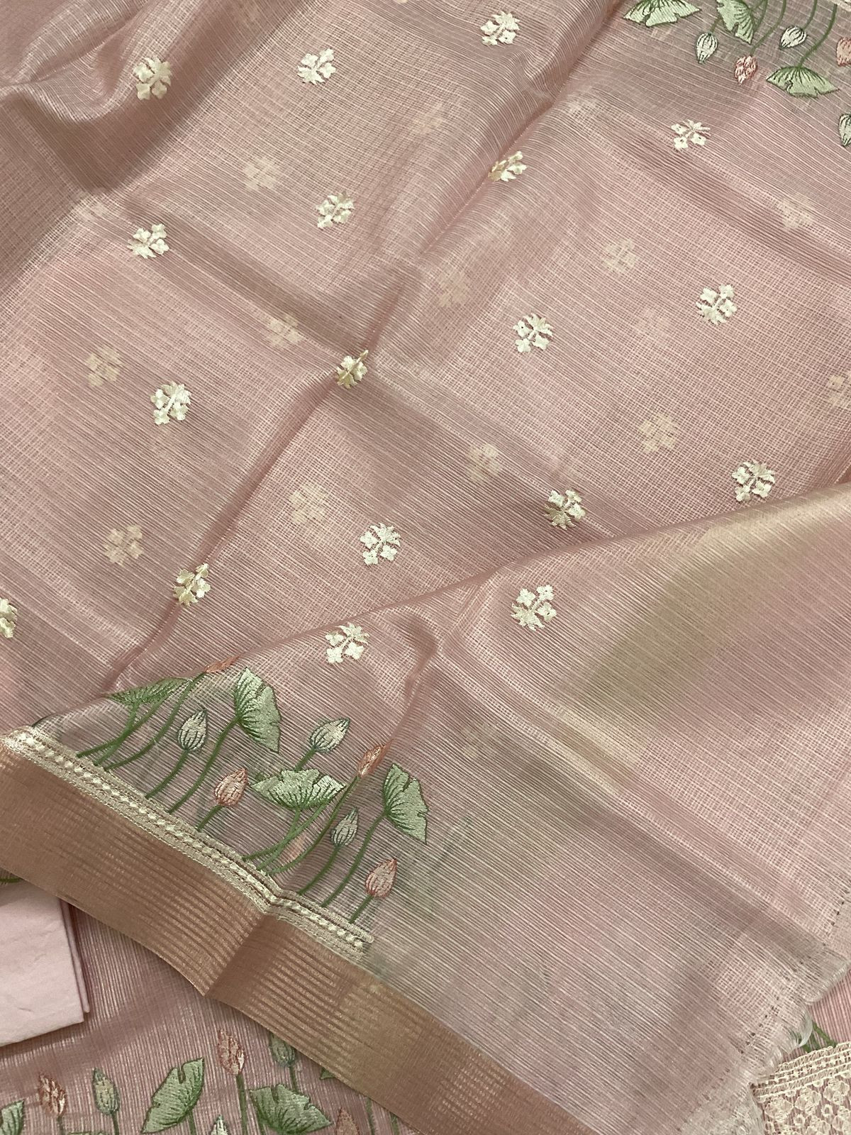 Soft Tissue Kota Silk Embroidered Suit - Pink