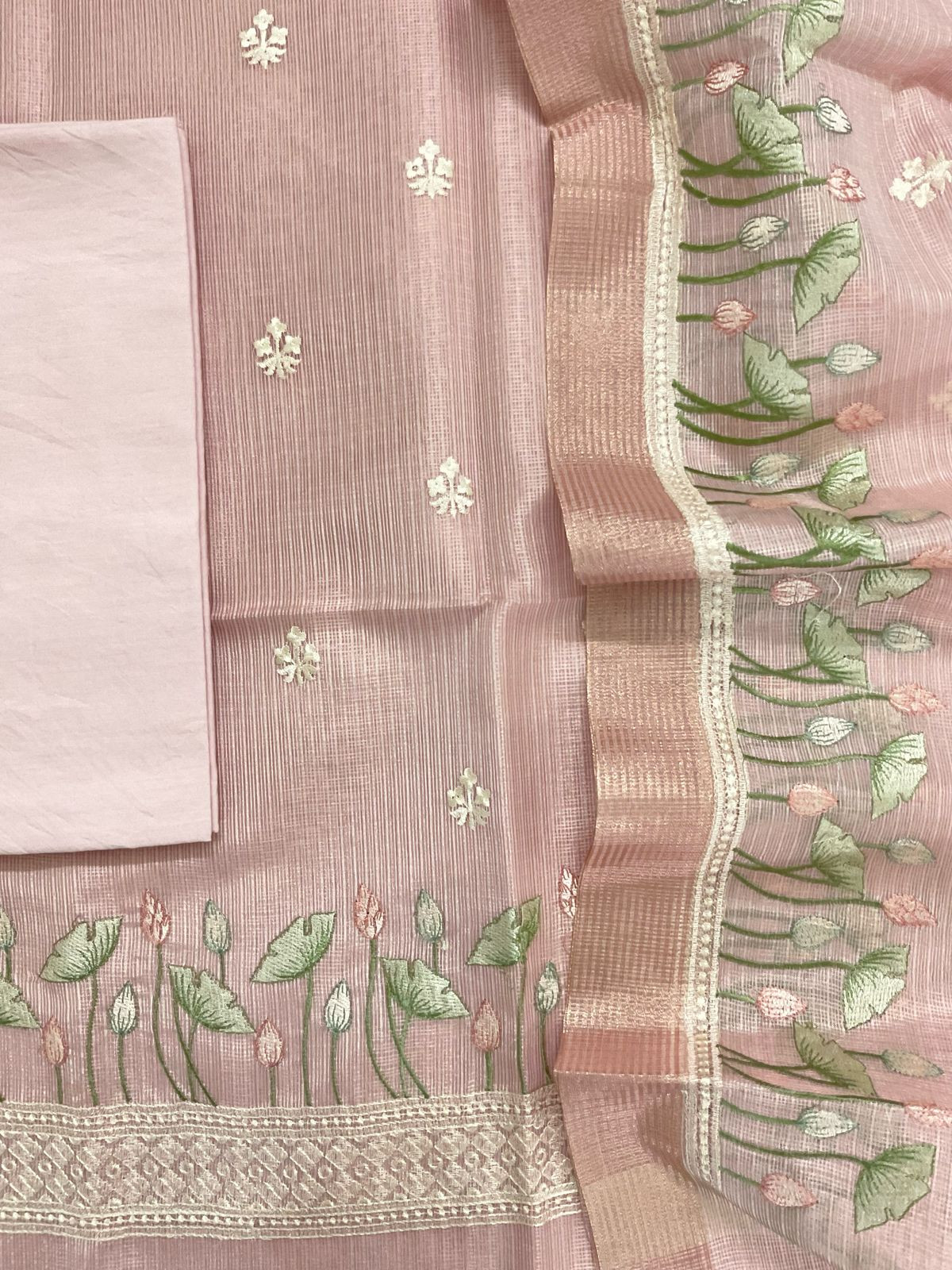 Soft Tissue Kota Silk Embroidered Suit - Pink