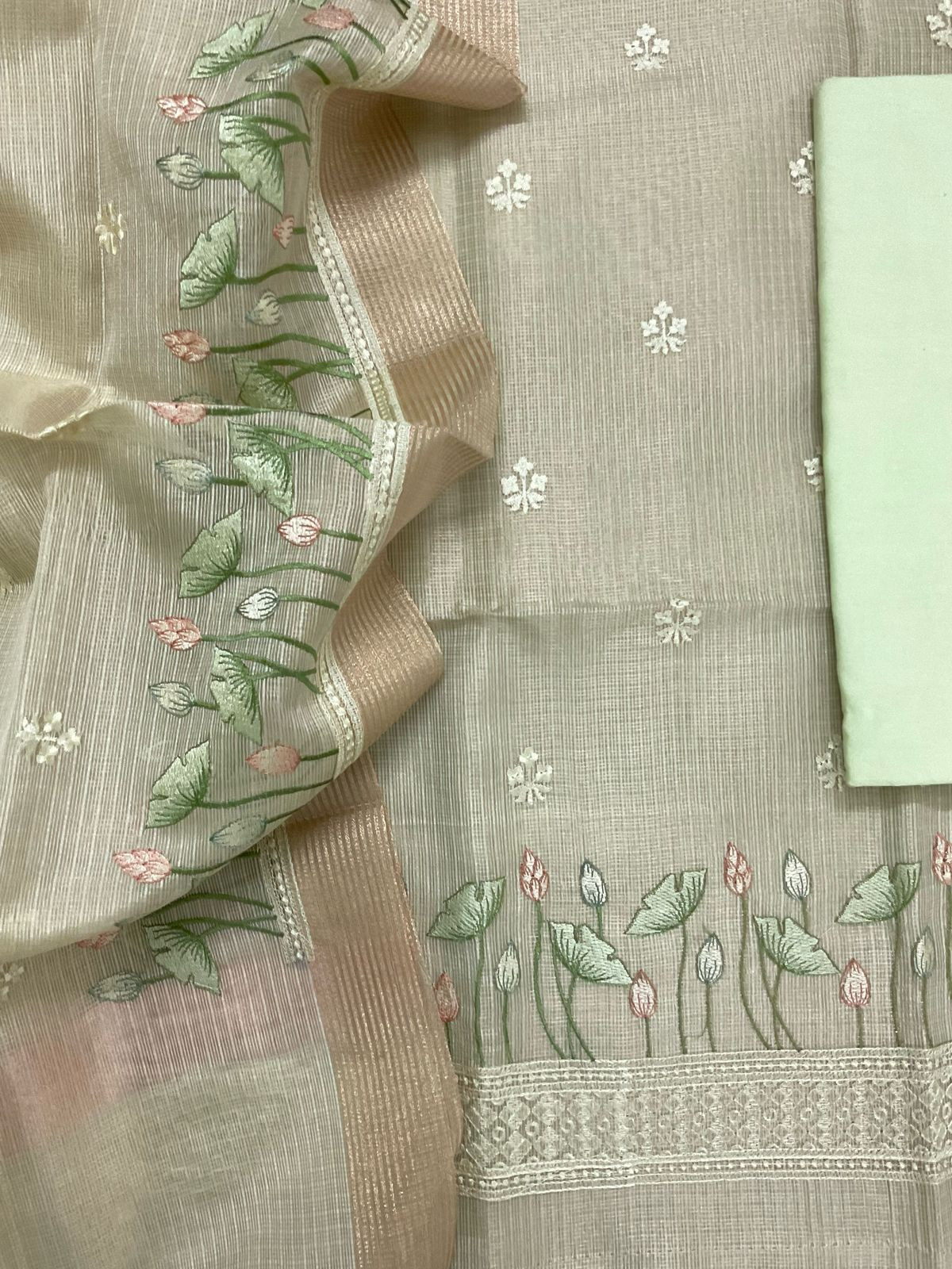 Soft Tissue Kota Silk Embroidered Suit - Green