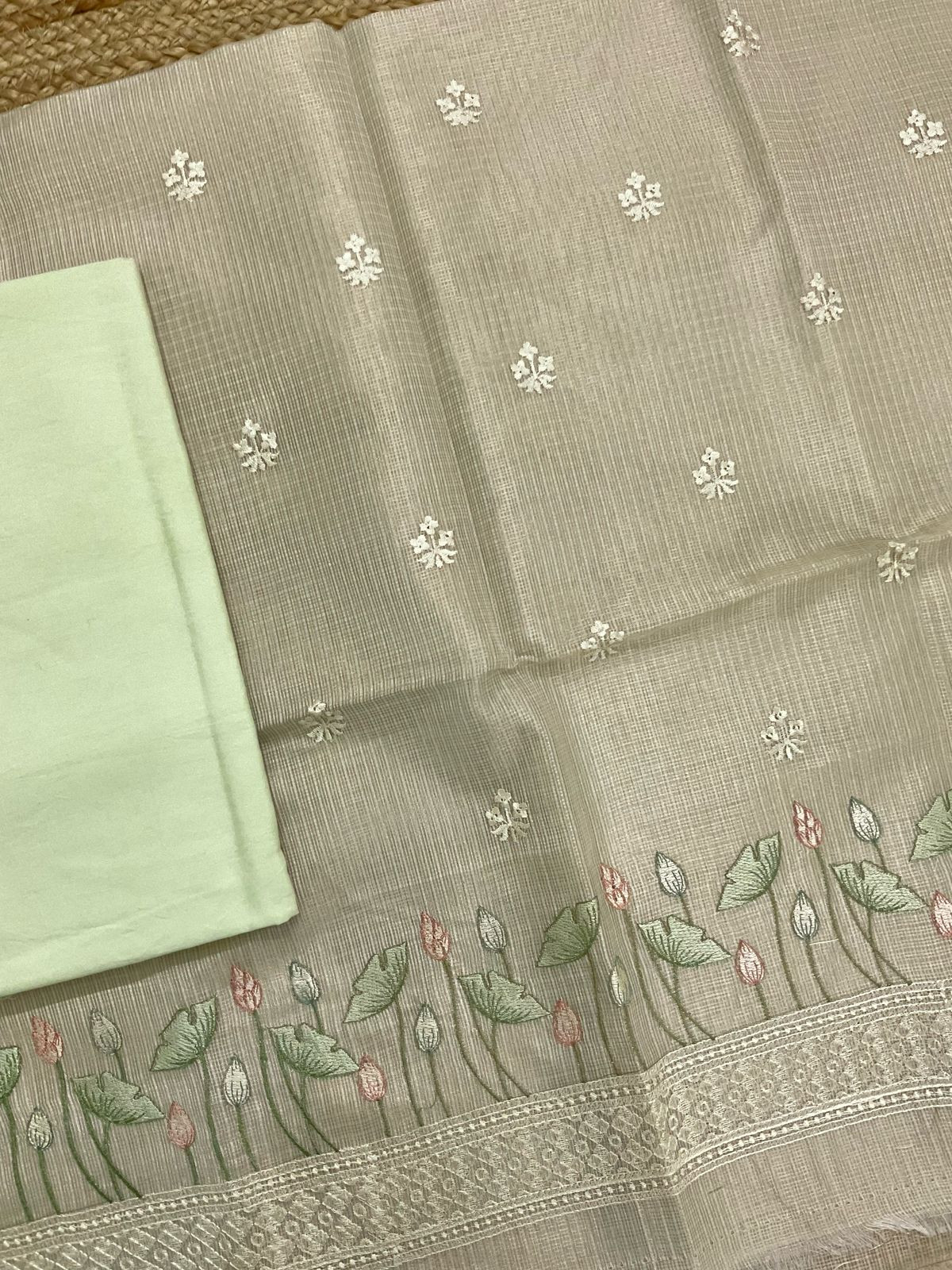 Soft Tissue Kota Silk Embroidered Suit - Green