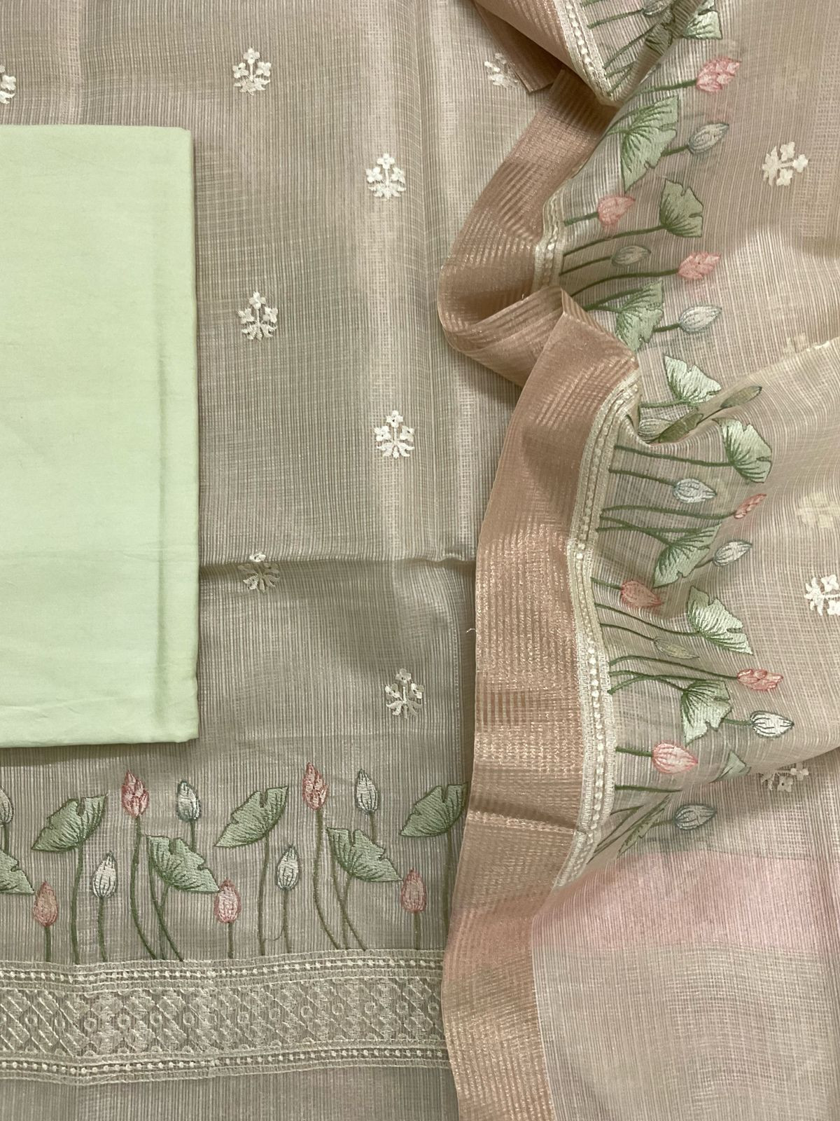 Soft Tissue Kota Silk Embroidered Suit - Green