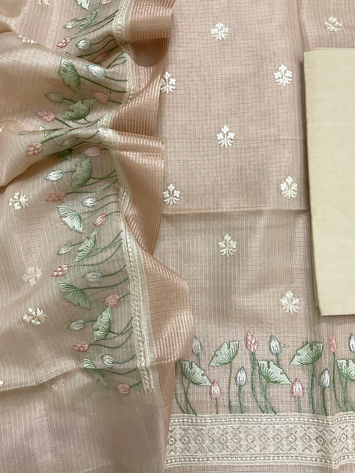 Soft Tissue Kota Silk Embroidered Suit - Beige