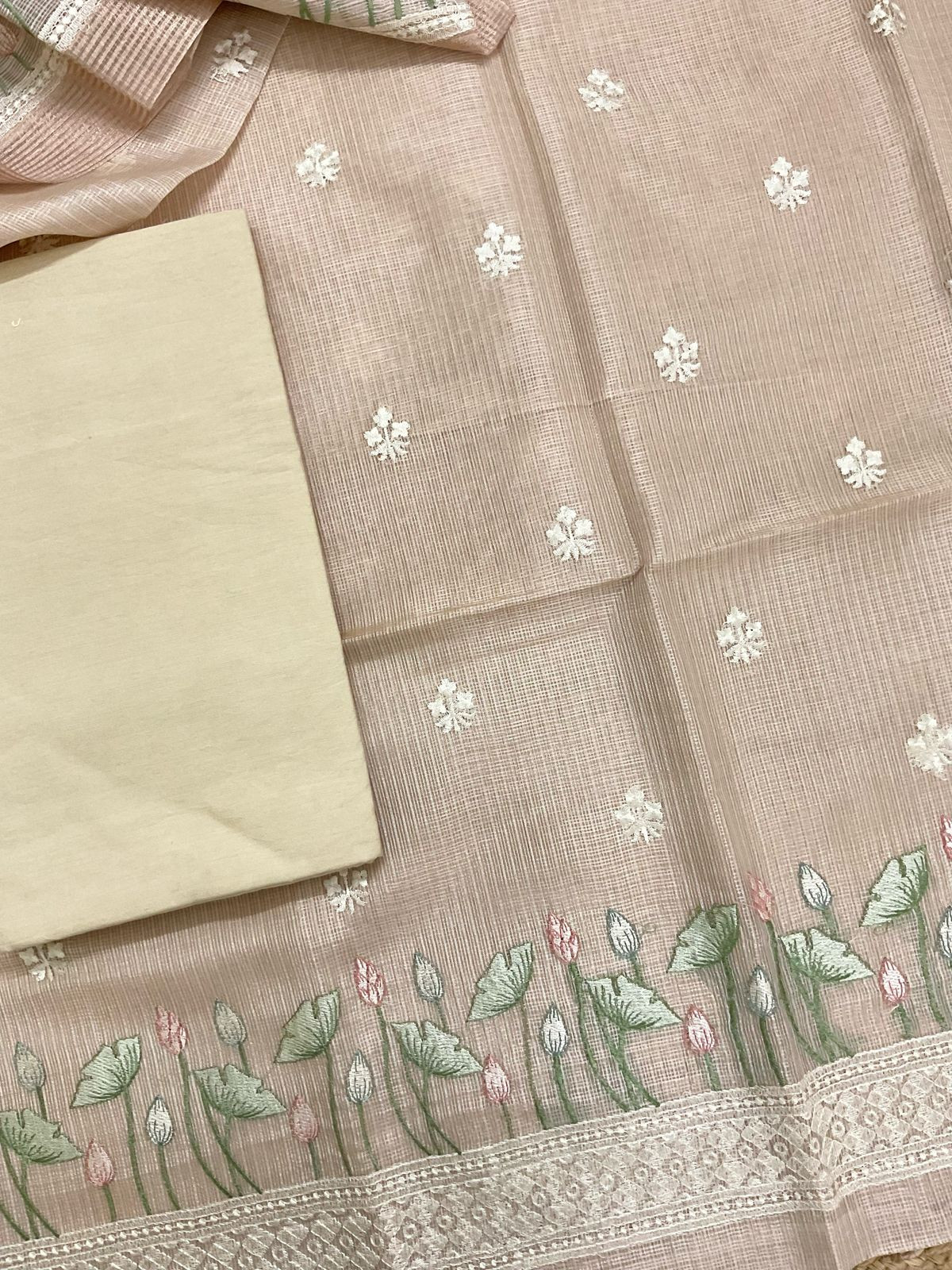 Soft Tissue Kota Silk Embroidered Suit - Beige