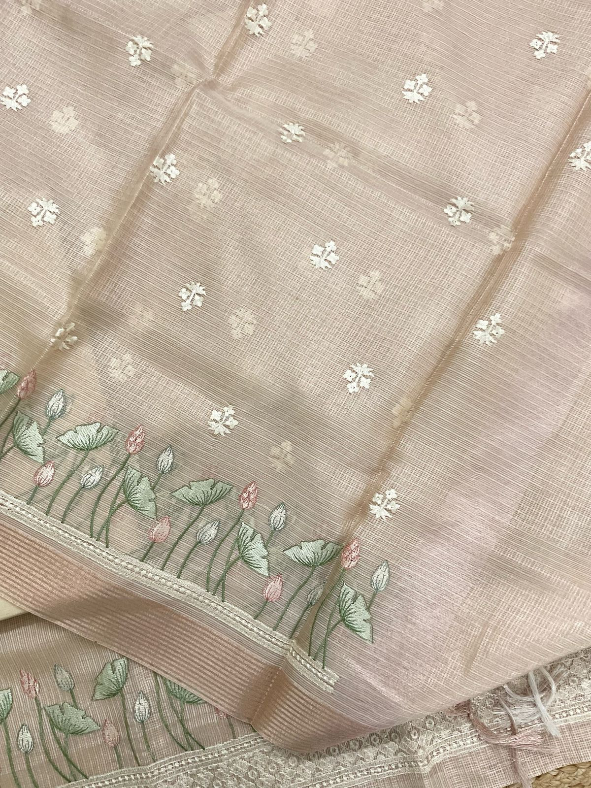 Soft Tissue Kota Silk Embroidered Suit - Beige