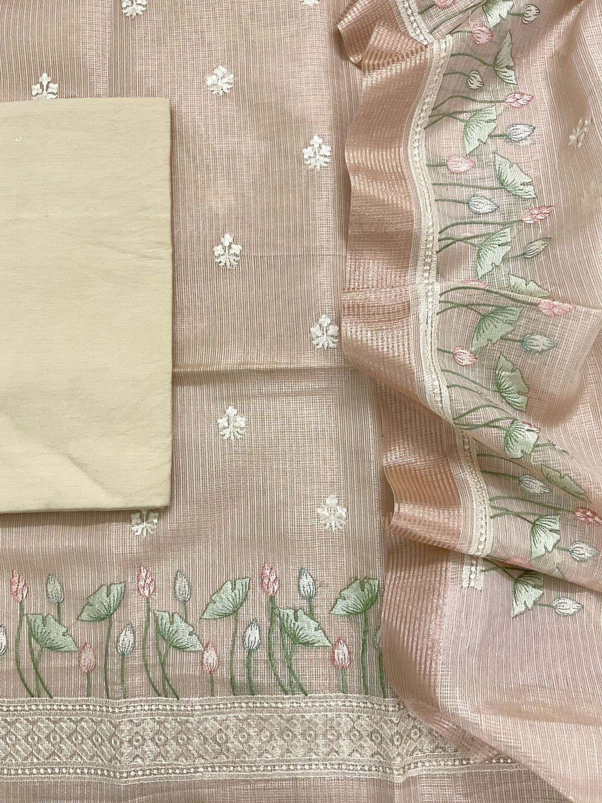 Soft Tissue Kota Silk Embroidered Suit - Beige
