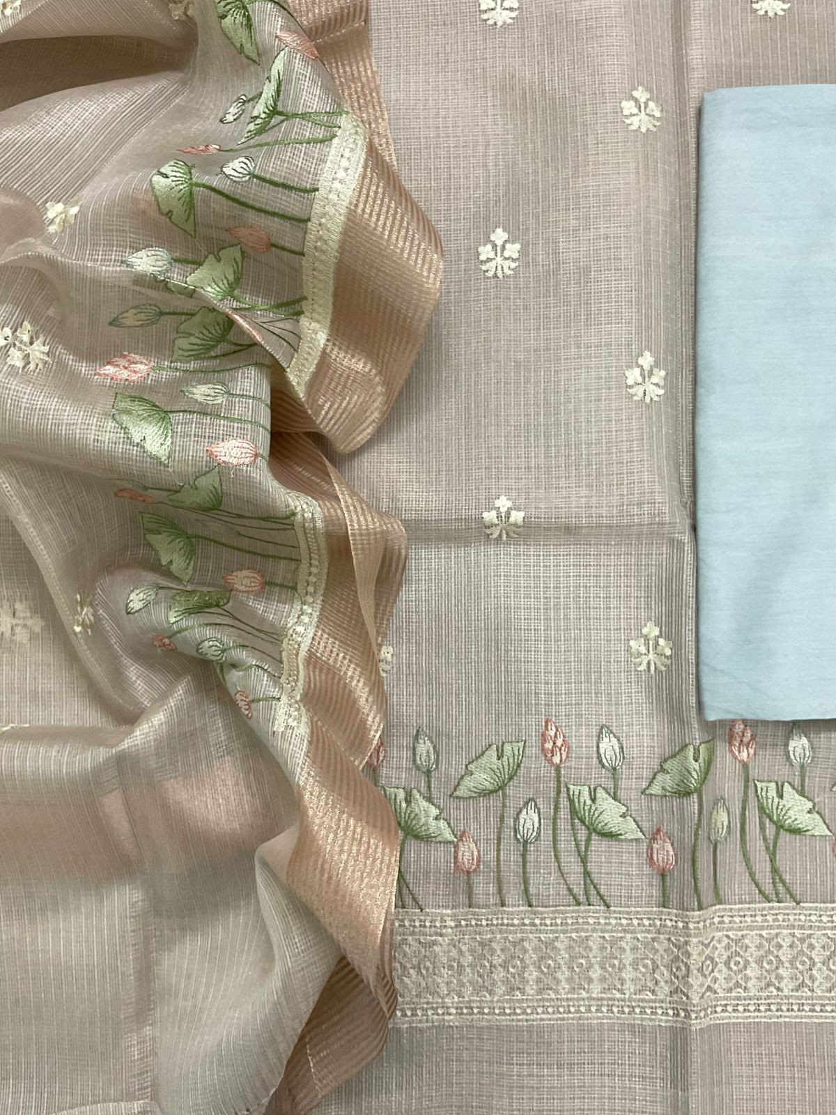 Soft Tissue Kota Silk Embroidered Suit - Blue