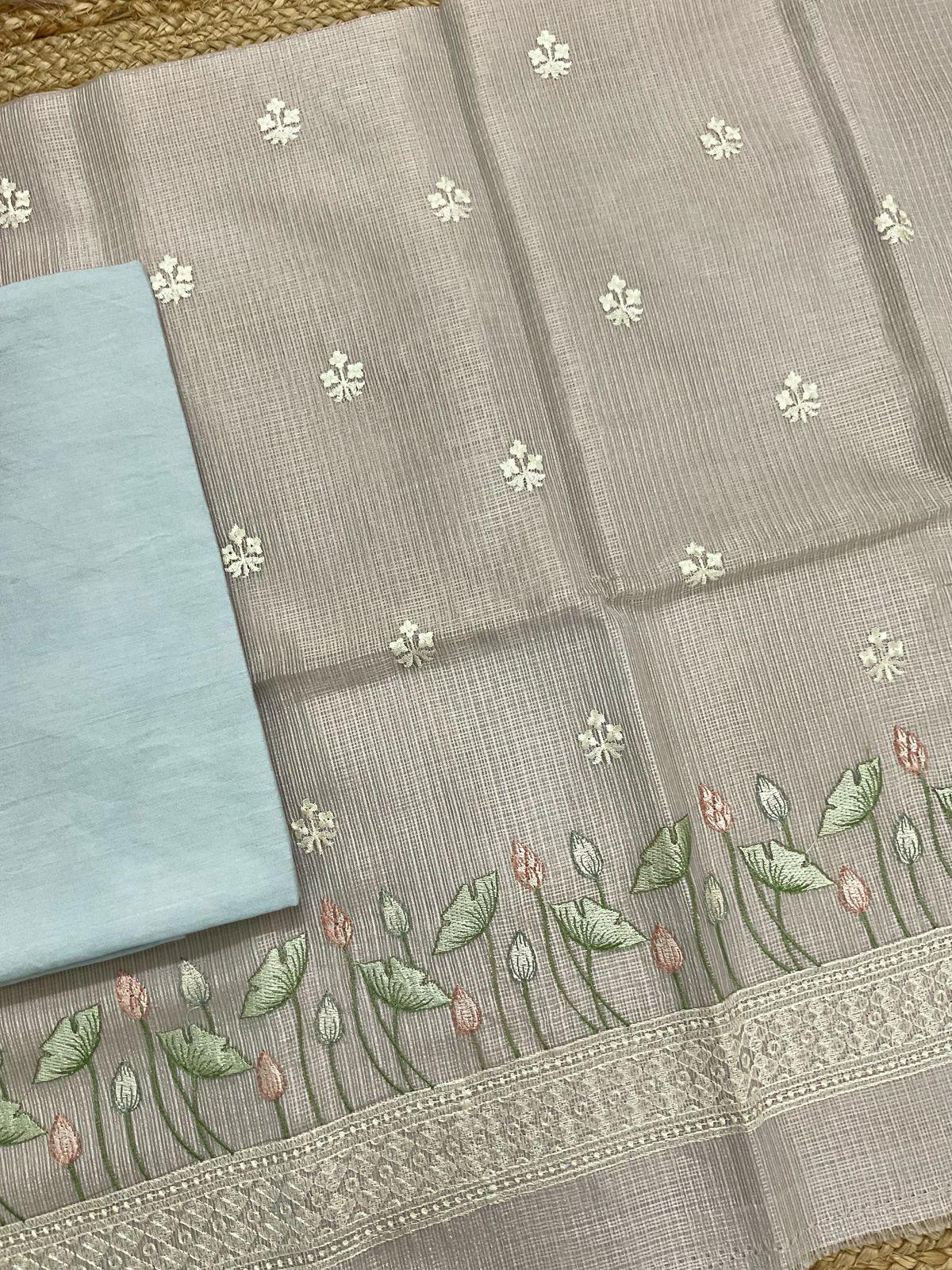 Soft Tissue Kota Silk Embroidered Suit - Blue