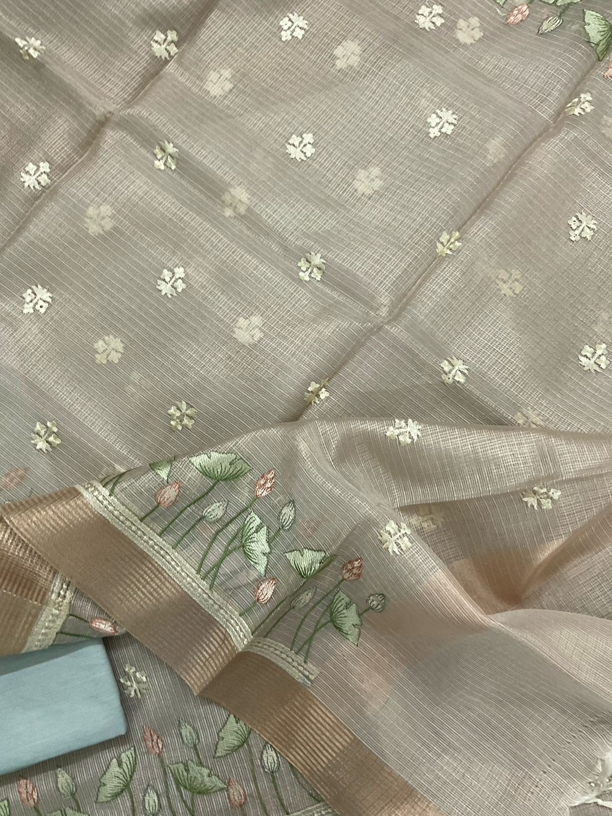 Soft Tissue Kota Silk Embroidered Suit - Blue