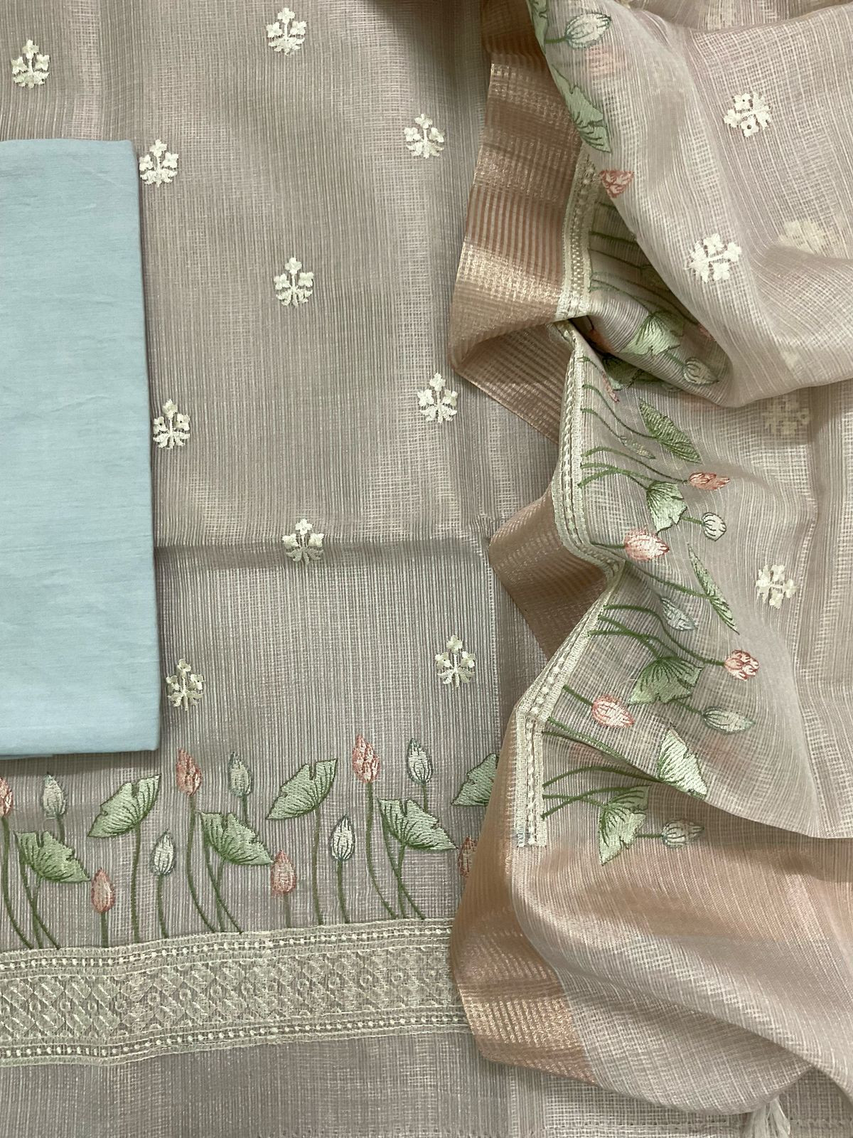 Soft Tissue Kota Silk Embroidered Suit - Blue