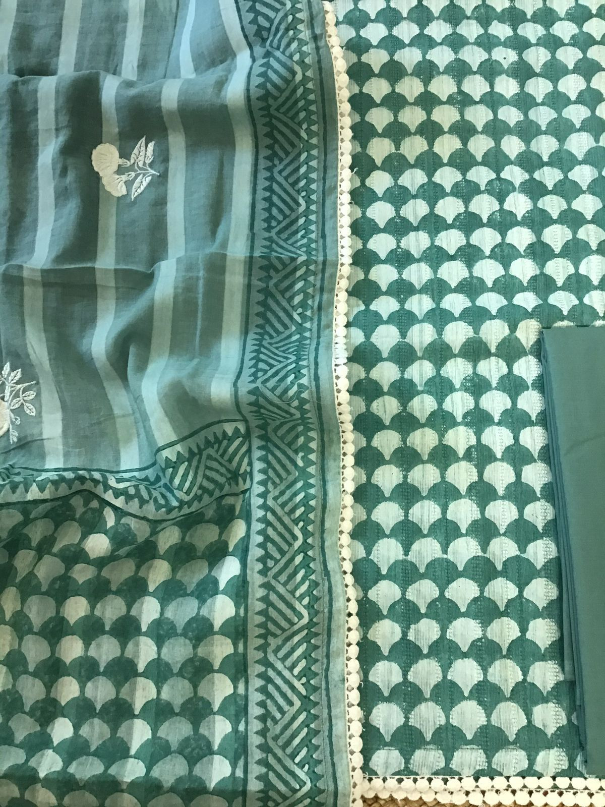 Pure Fine Cotton Printed Embroidered Suit - Blue