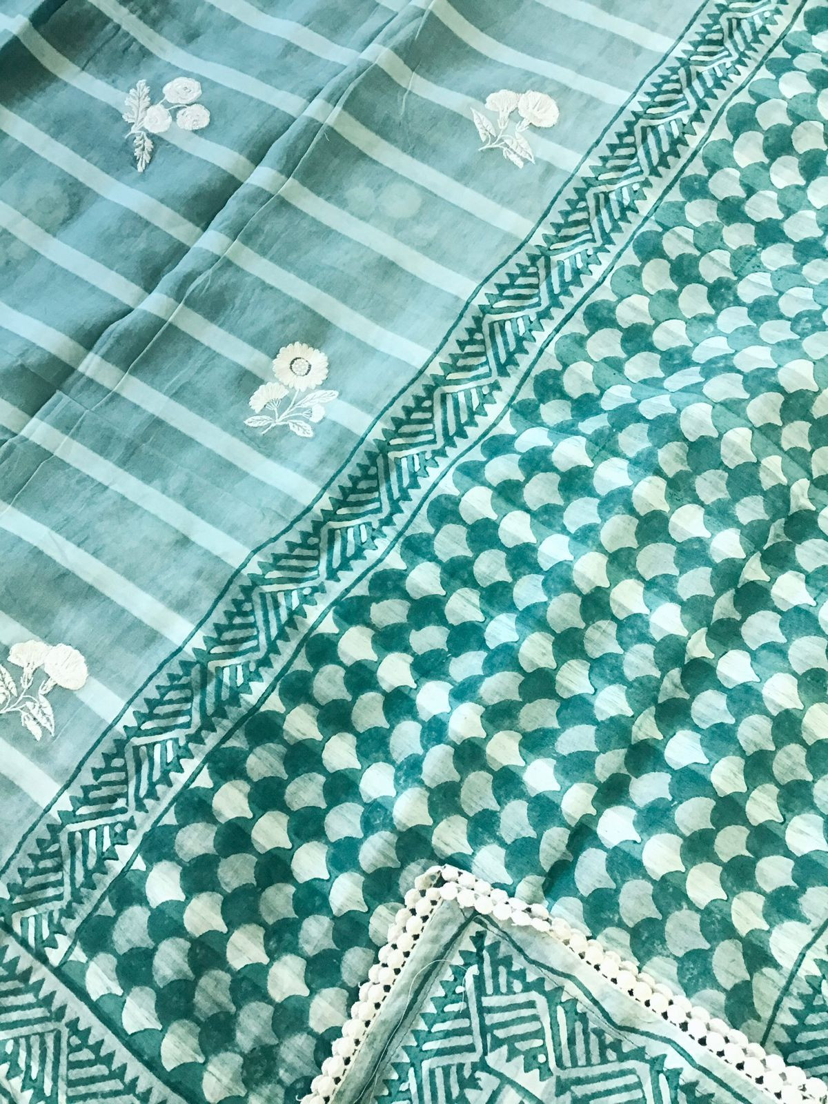 Pure Fine Cotton Printed Embroidered Suit - Blue