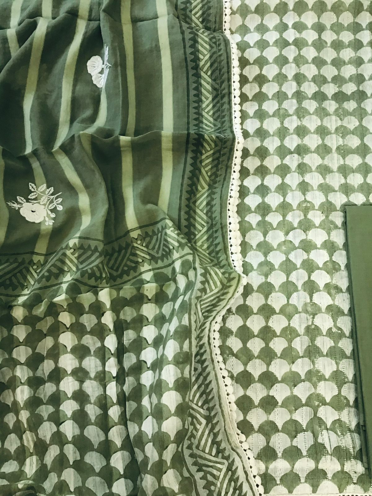 Pure Fine Cotton Printed Embroidered Suit - Green