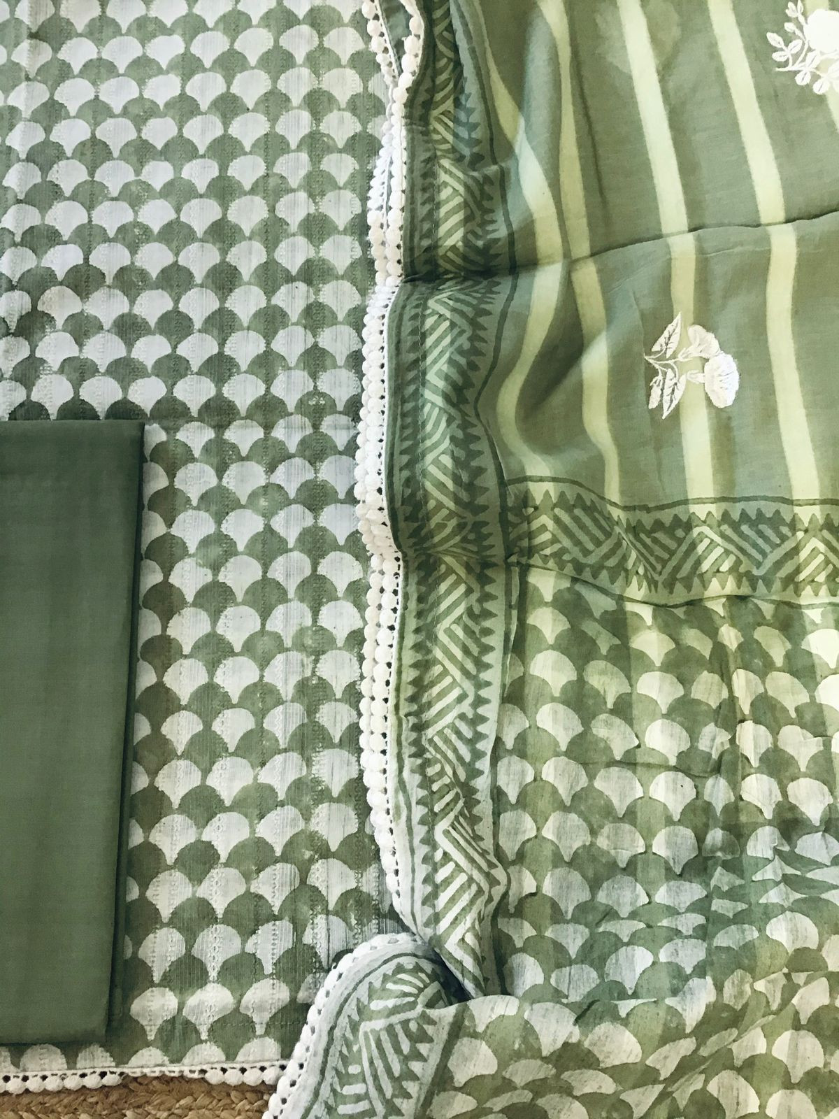 Pure Fine Cotton Printed Embroidered Suit - Green