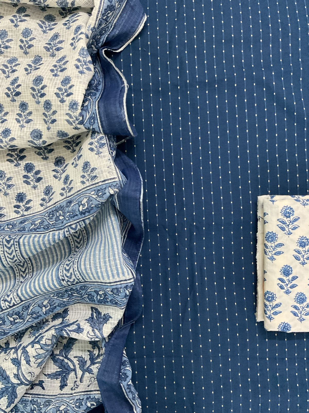 Pure Fine Cotton Printed Self Weaved Suit - Blue