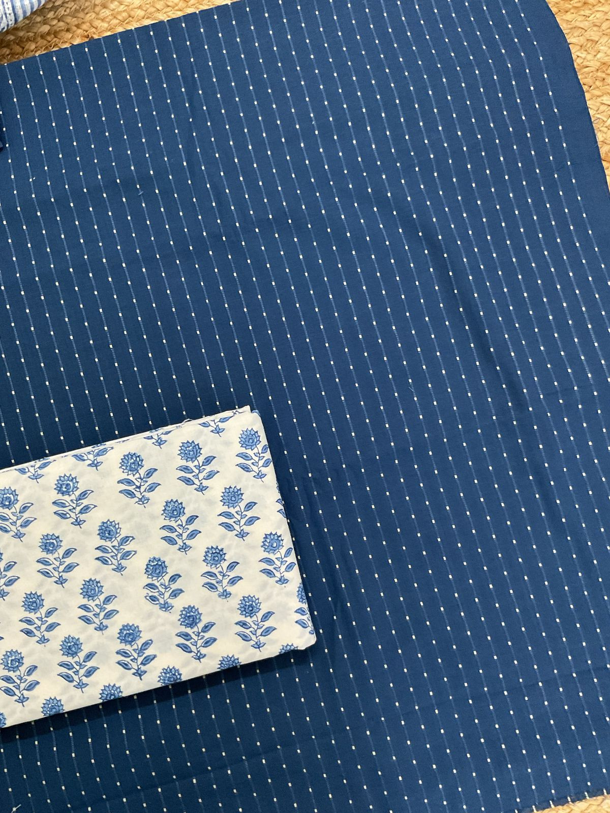 Pure Fine Cotton Printed Self Weaved Suit - Blue