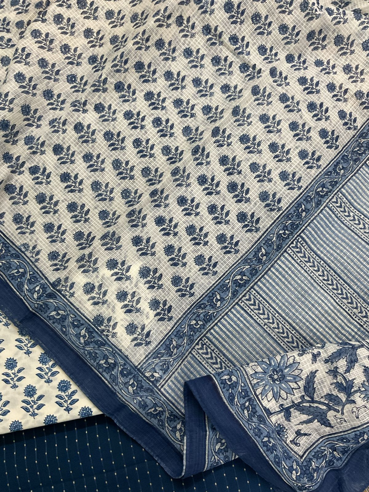 Pure Fine Cotton Printed Self Weaved Suit - Blue