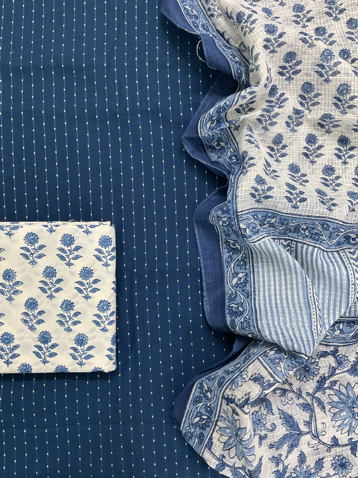 Pure Fine Cotton Printed Self Weaved Suit - Blue