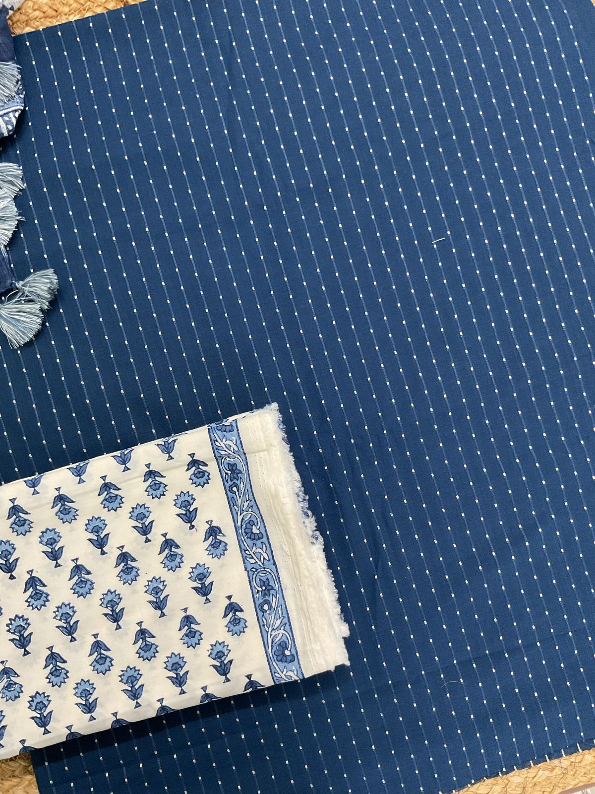 Pure Fine Cotton Printed Self Weaved Suit - Blue