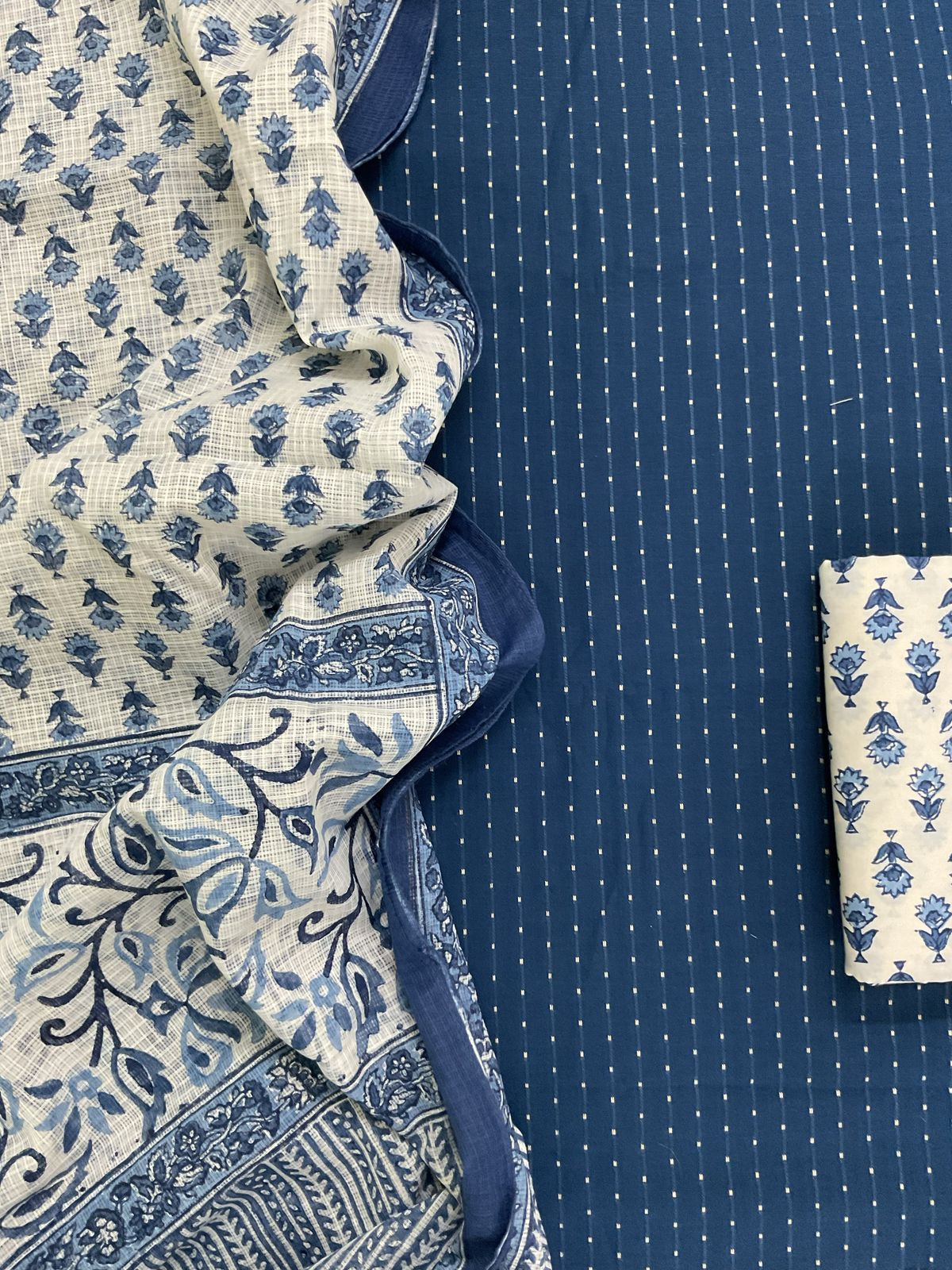 Pure Fine Cotton Printed Self Weaved Suit - Blue