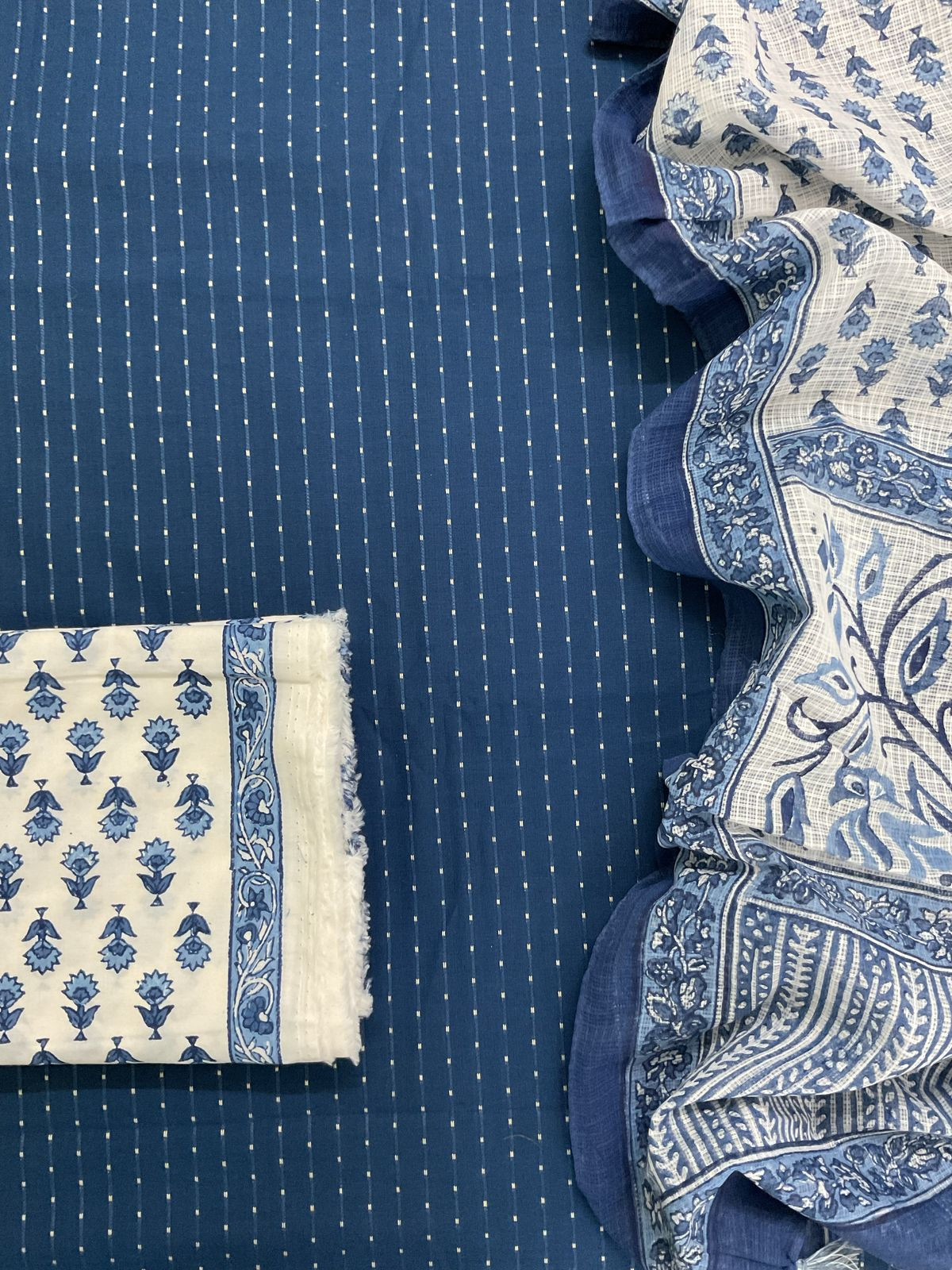 Pure Fine Cotton Printed Self Weaved Suit - Blue