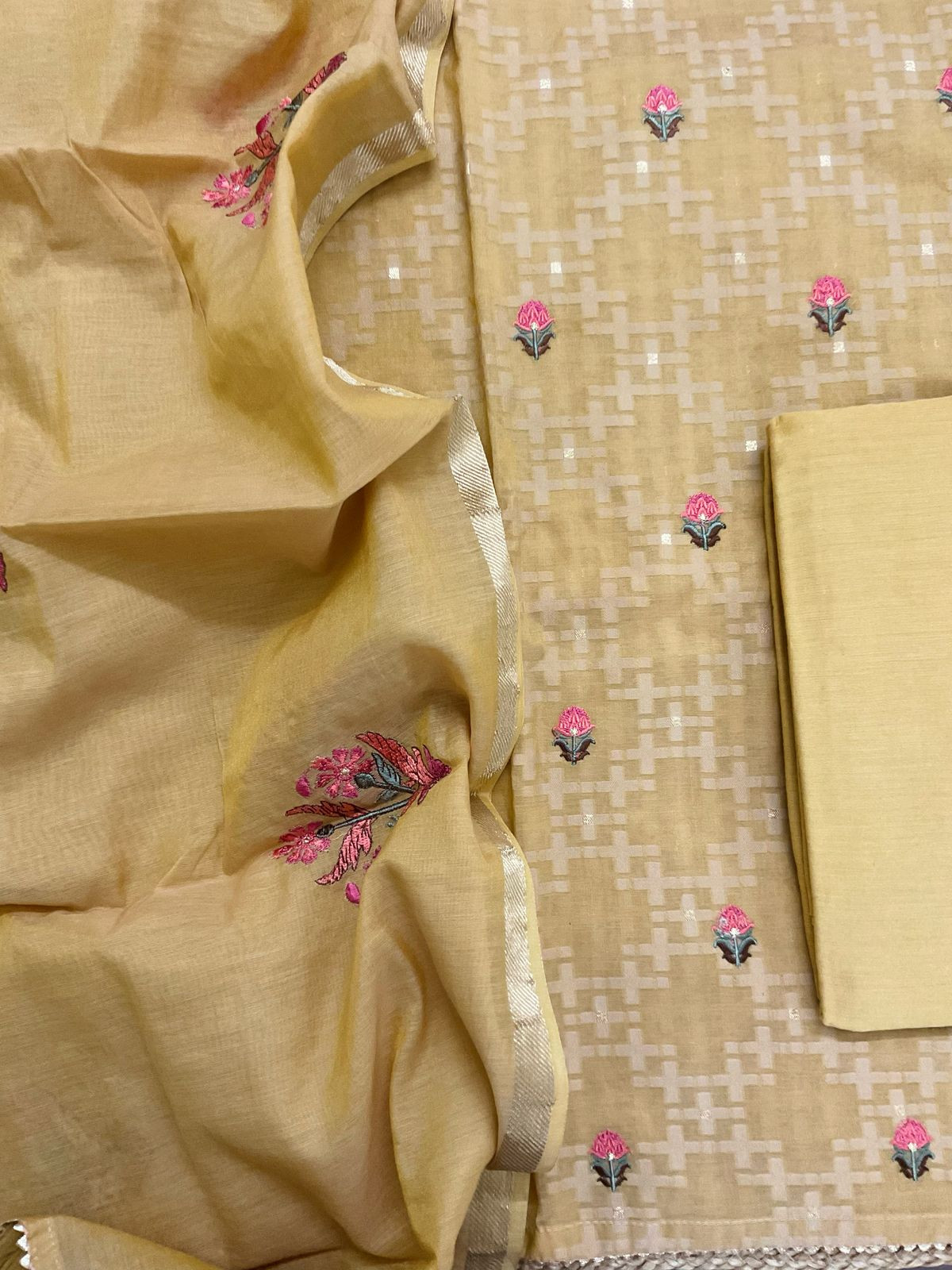 Pure Chanderi Banarasi Weaved Embroidered Suit - Mustard Yellow