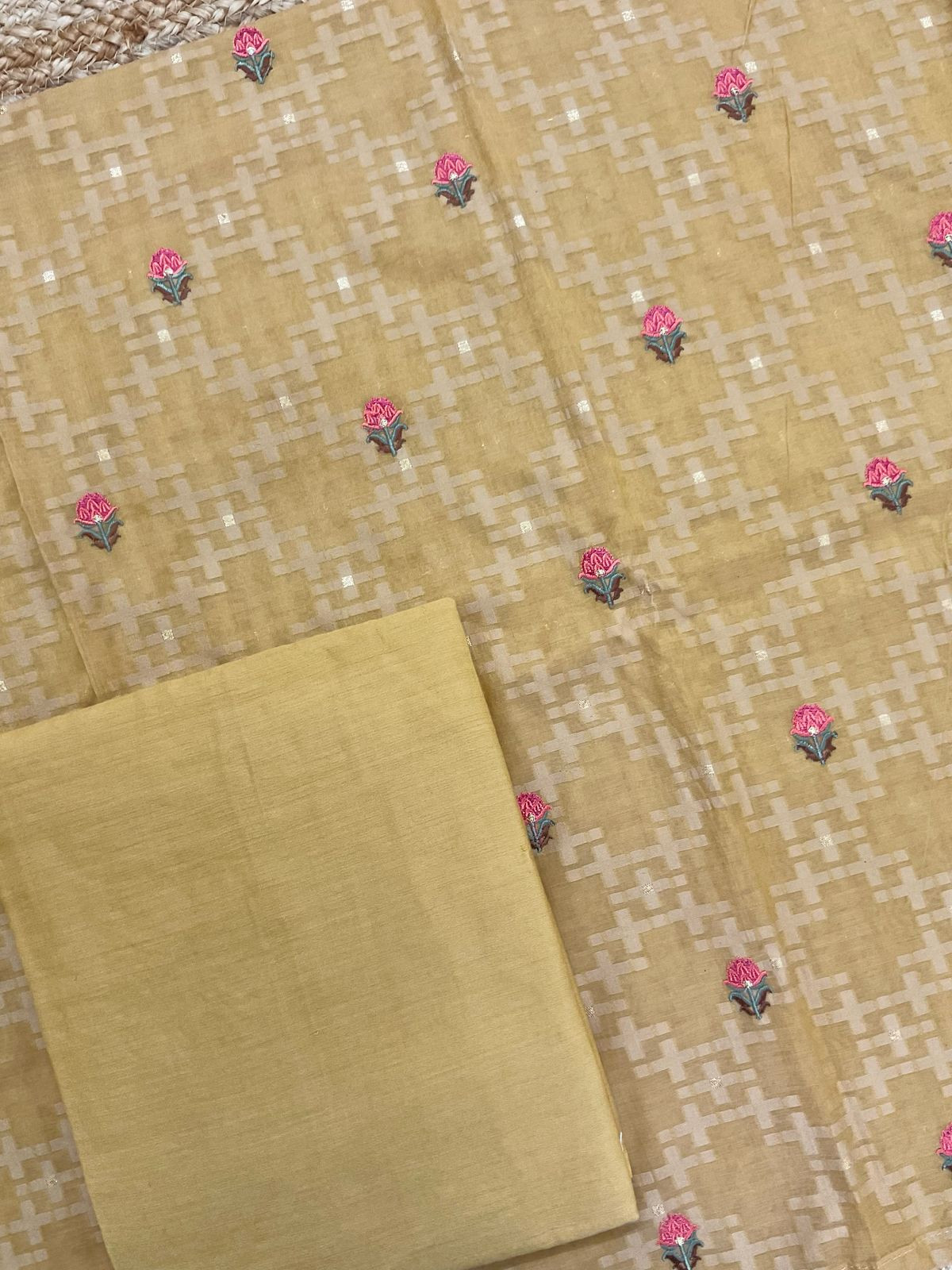 Pure Chanderi Banarasi Weaved Embroidered Suit - Mustard Yellow