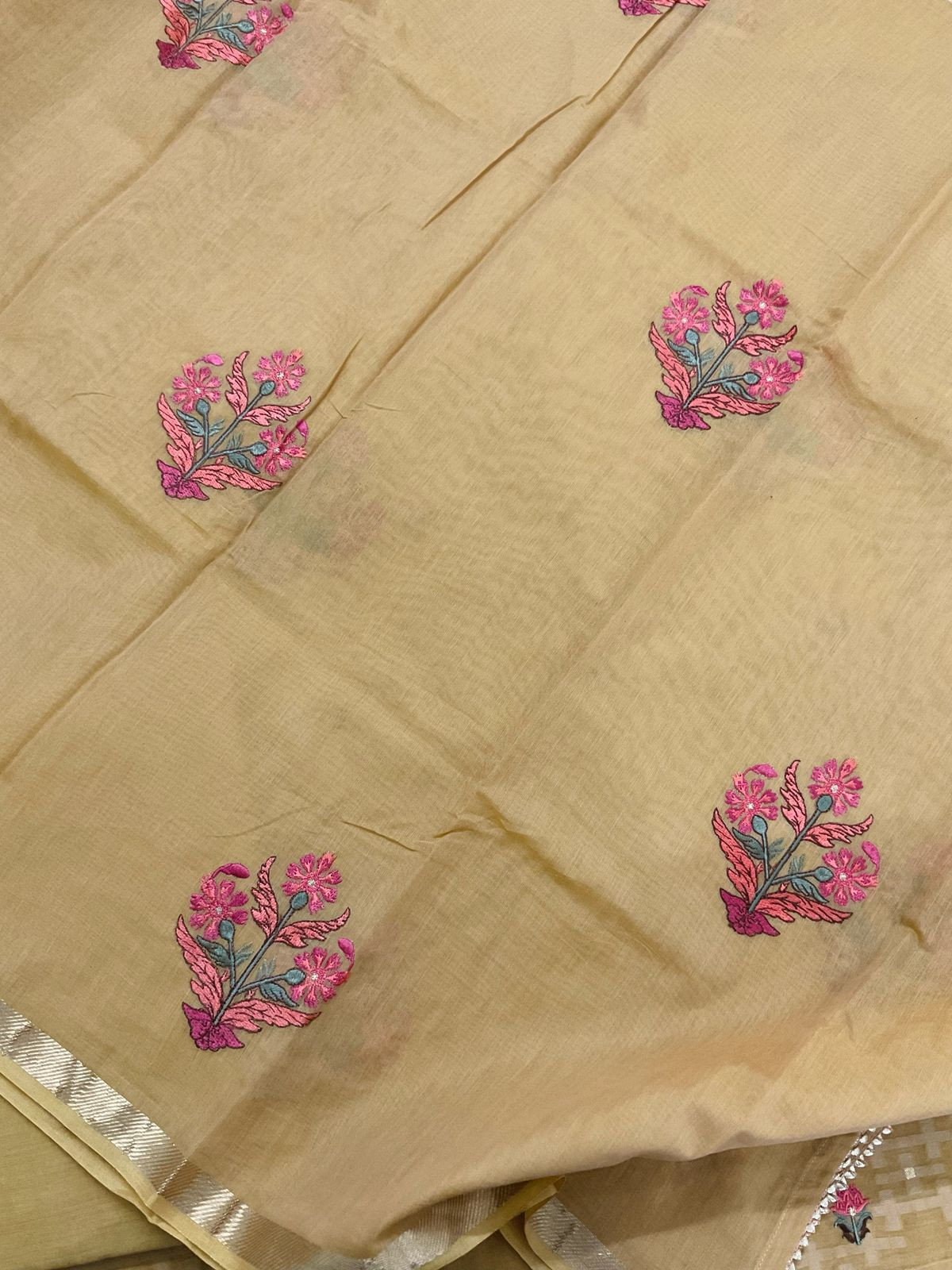 Pure Chanderi Banarasi Weaved Embroidered Suit - Mustard Yellow